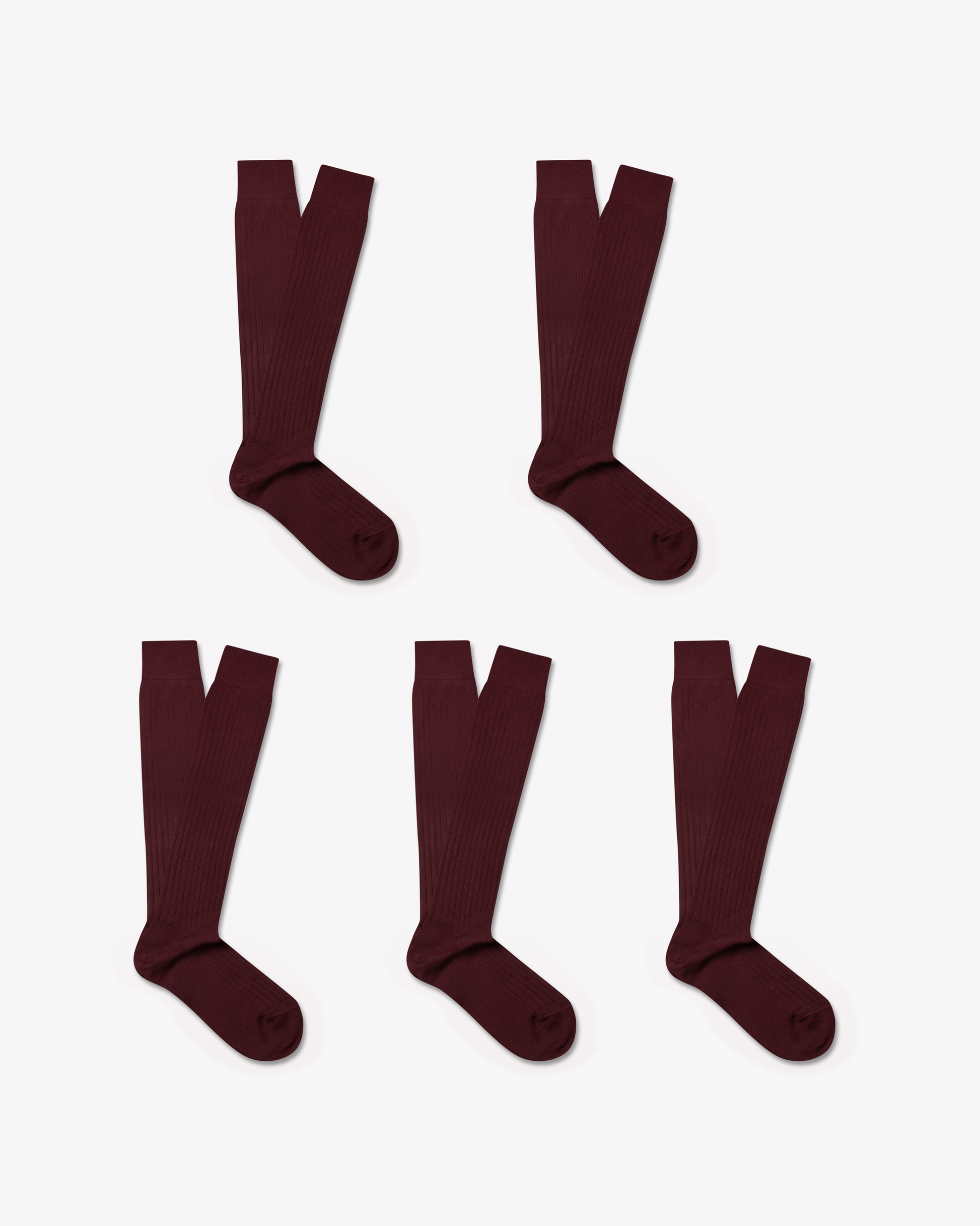 Five pairs of Nils – Knee-High Cotton Socks in burgundy, shown in a flat lay against a white background.