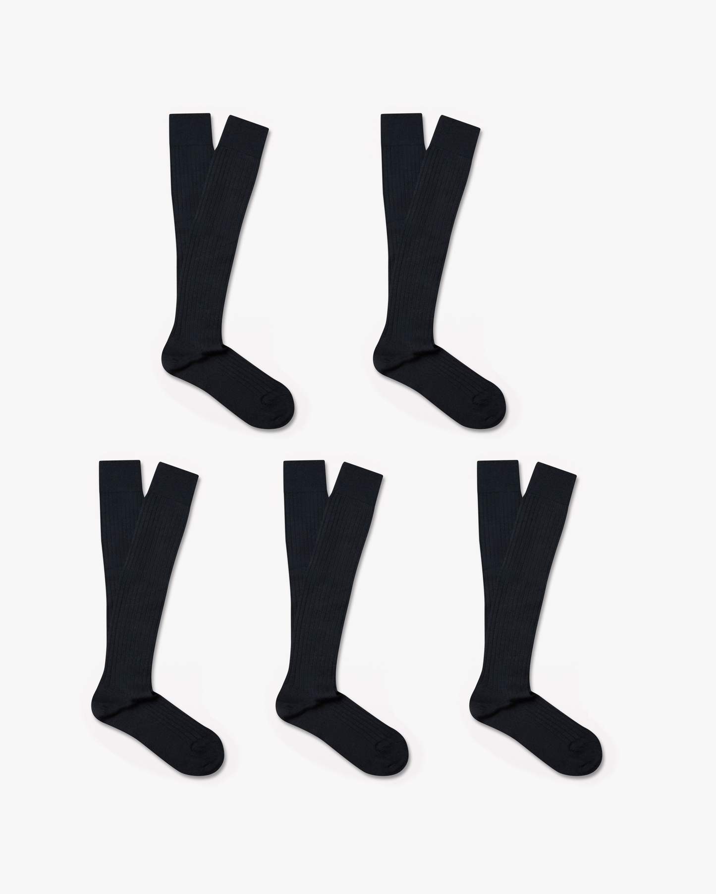 Five pairs of black, ribbed Gustav – Knee-High Merino Socks from the 5-pack, arranged against a white background.