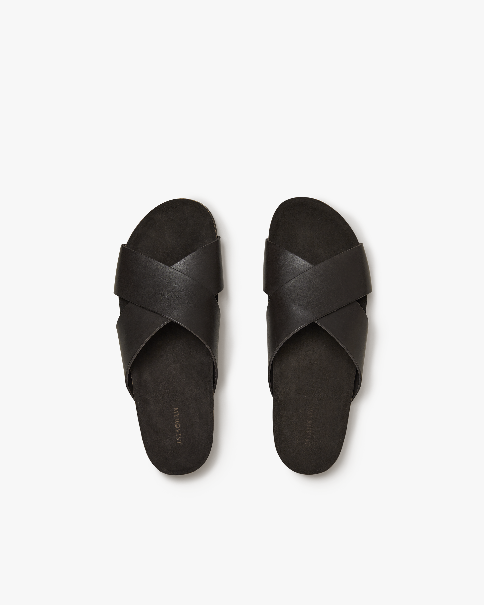 A top-down view of the Solvik – Dark Brown Calf sandals, shot against a clean white background.