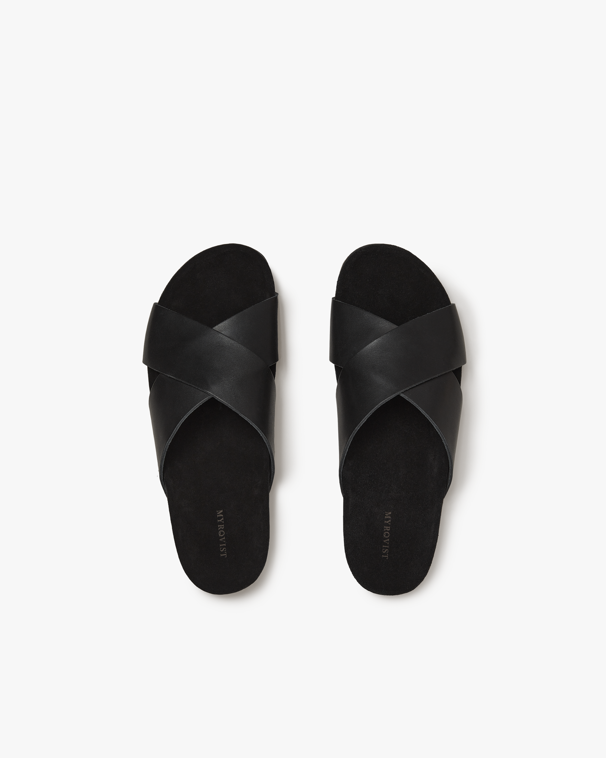 A top-down view of the Solvik – Black Calf sandals, highlighting their black calf leather criss-cross straps.