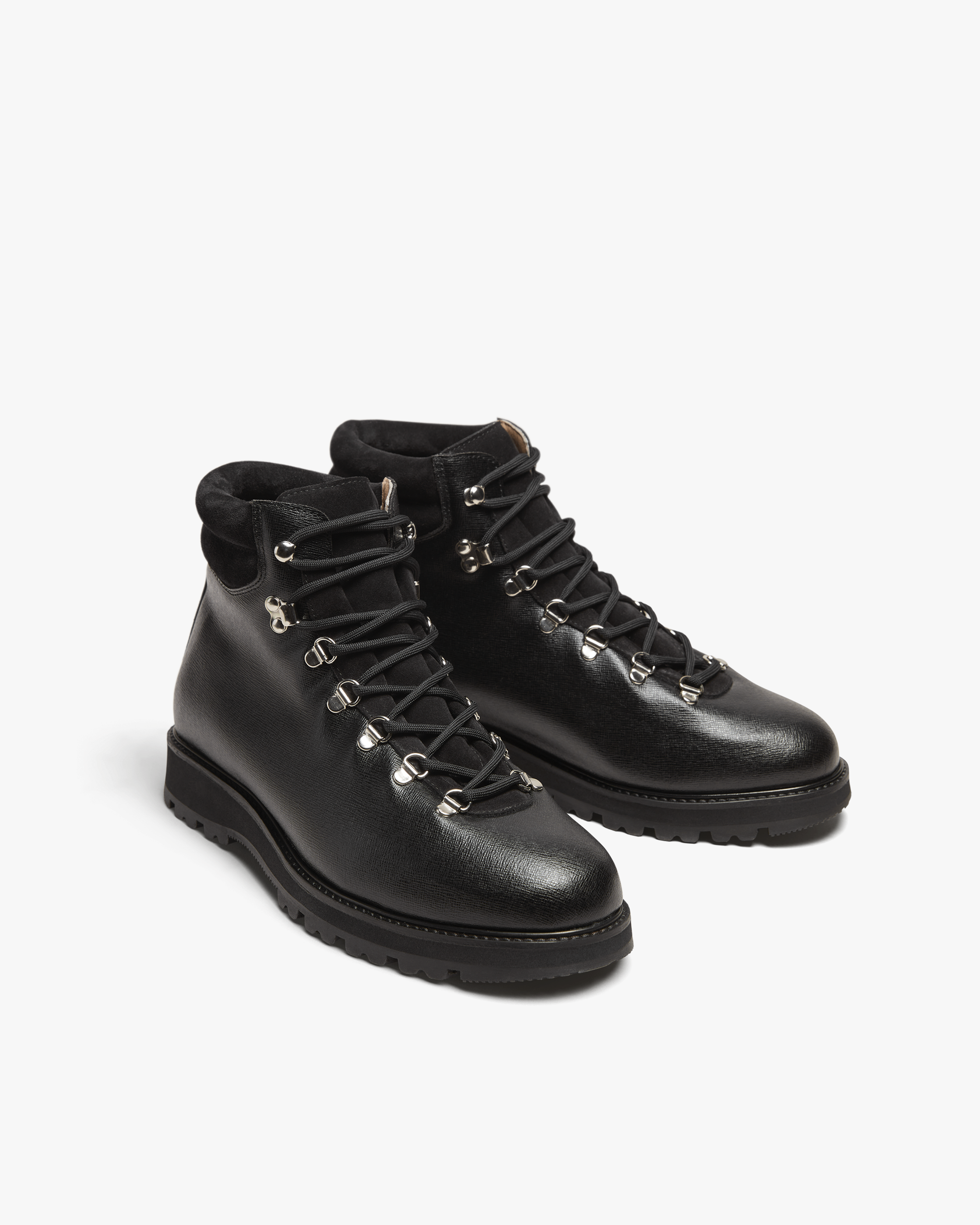 A pair of Duved II – Black Grain Calf hiking boots, shown at an angle against a clean white background.