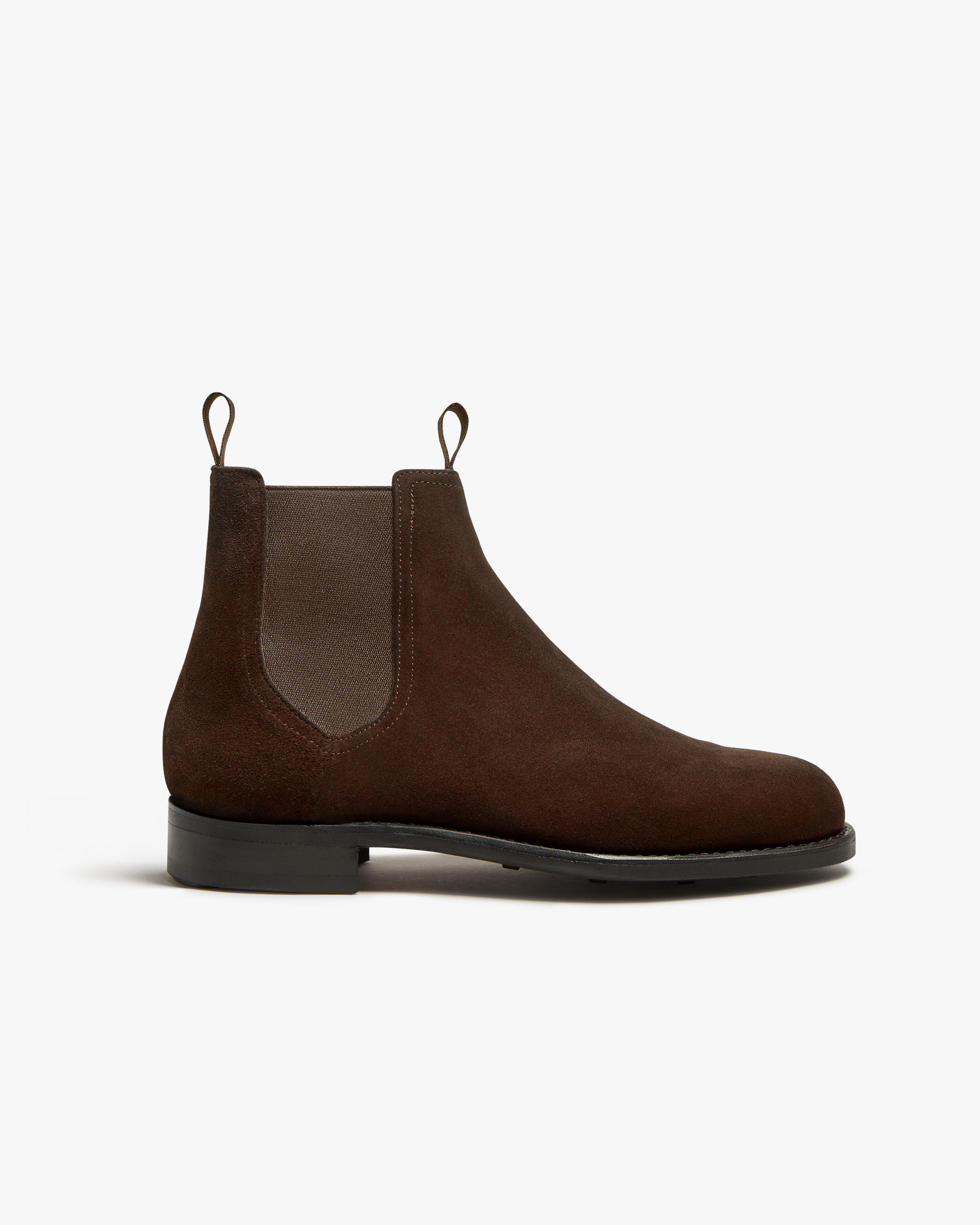 A side profile of Elfvik – Dark Brown Suede Chelsea boot on a white background.