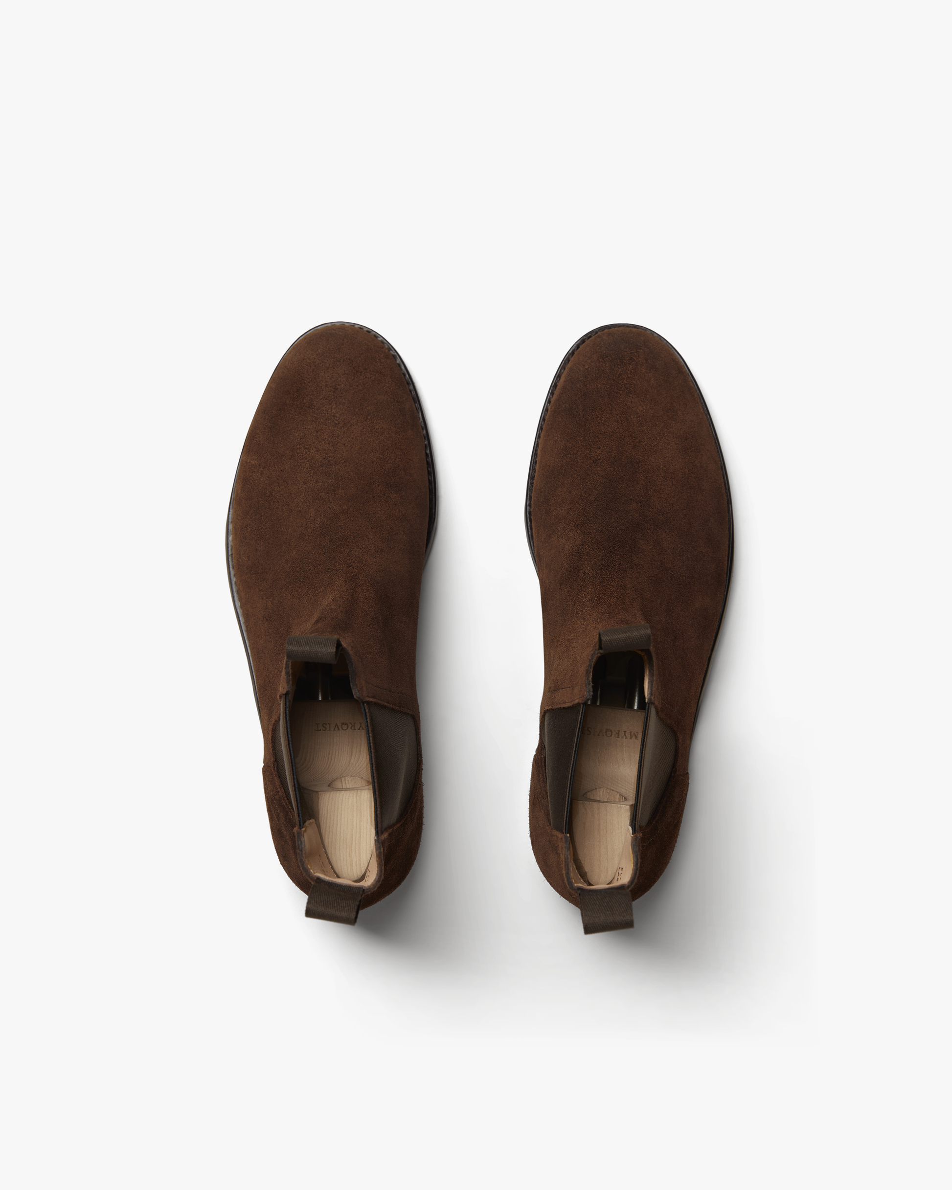 Top-down view of the Elfvik – Dark Brown Suede boots, highlighting the rich suede texture and classic Chelsea silhouette.