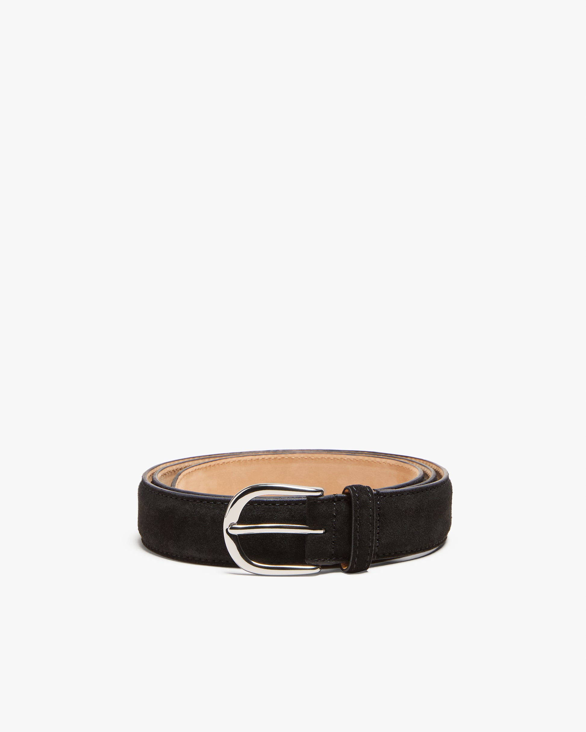 A coiled Belt – Black Suede with a rounded silver buckle, shown against a white background.