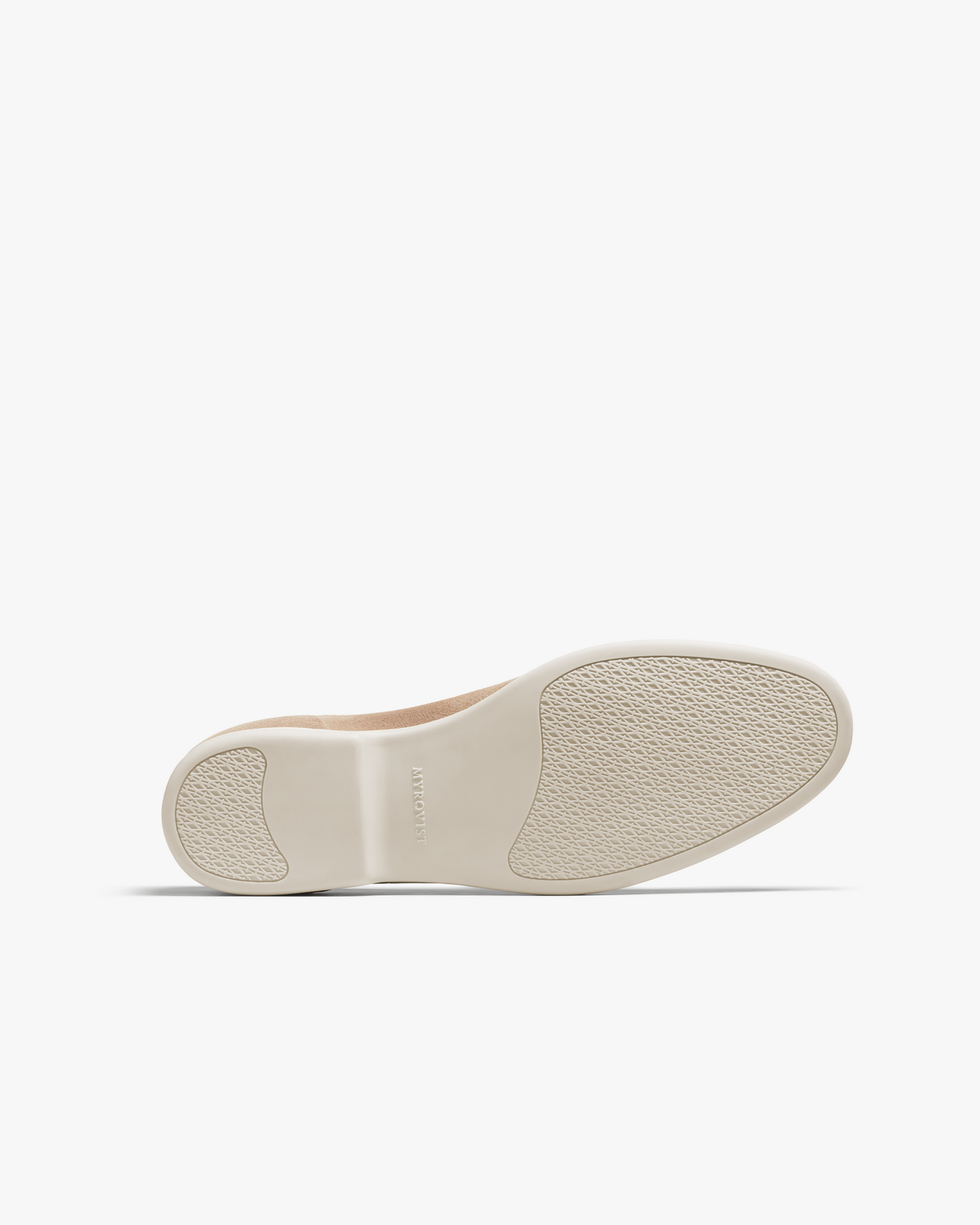 A close-up of the Brännö II – Sand Suede loafer, detailing the white rubber sole and its textured pattern.