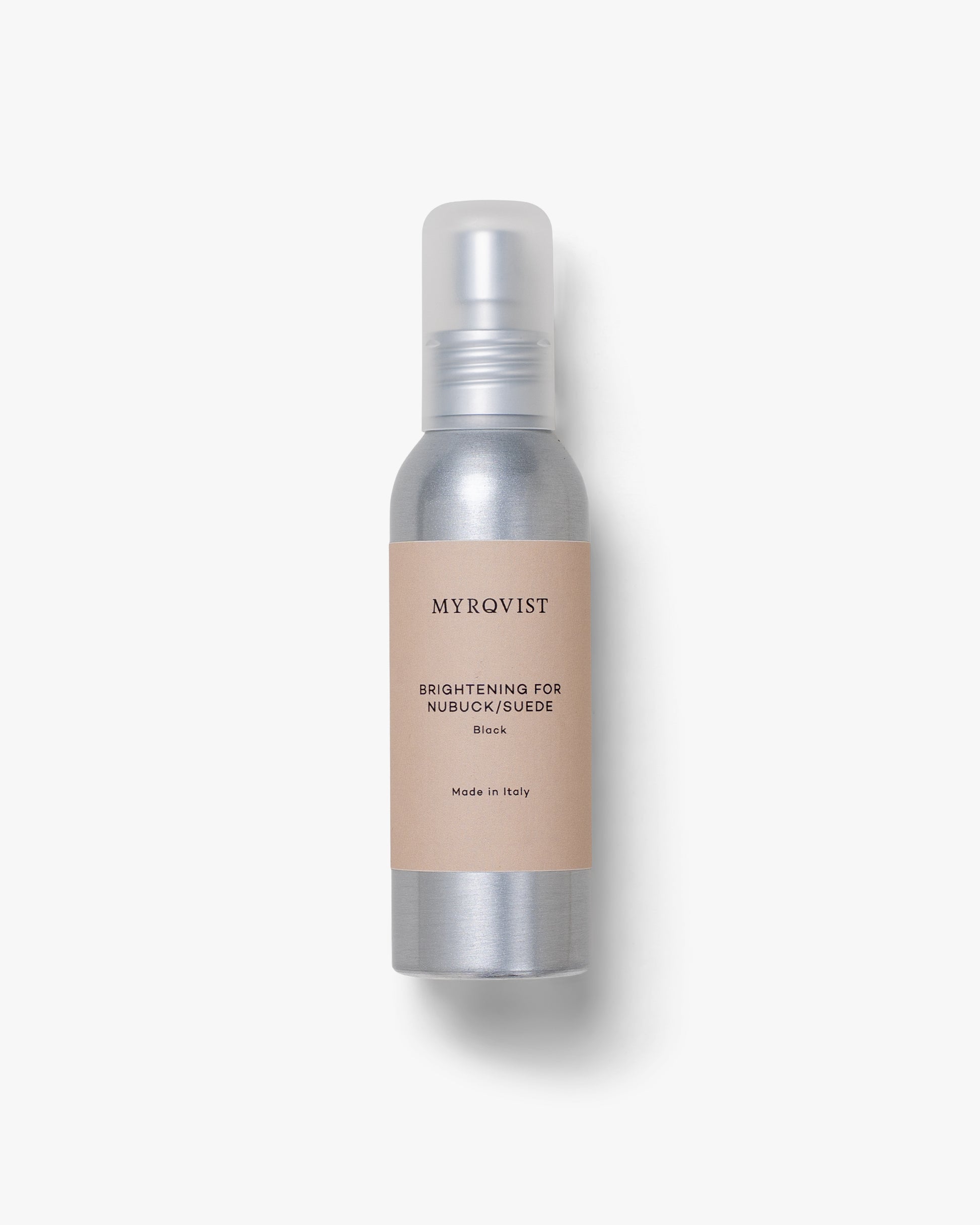 Product shot of Renovating Shoe Spray – Myrqvist in black, for nubuck and suede.