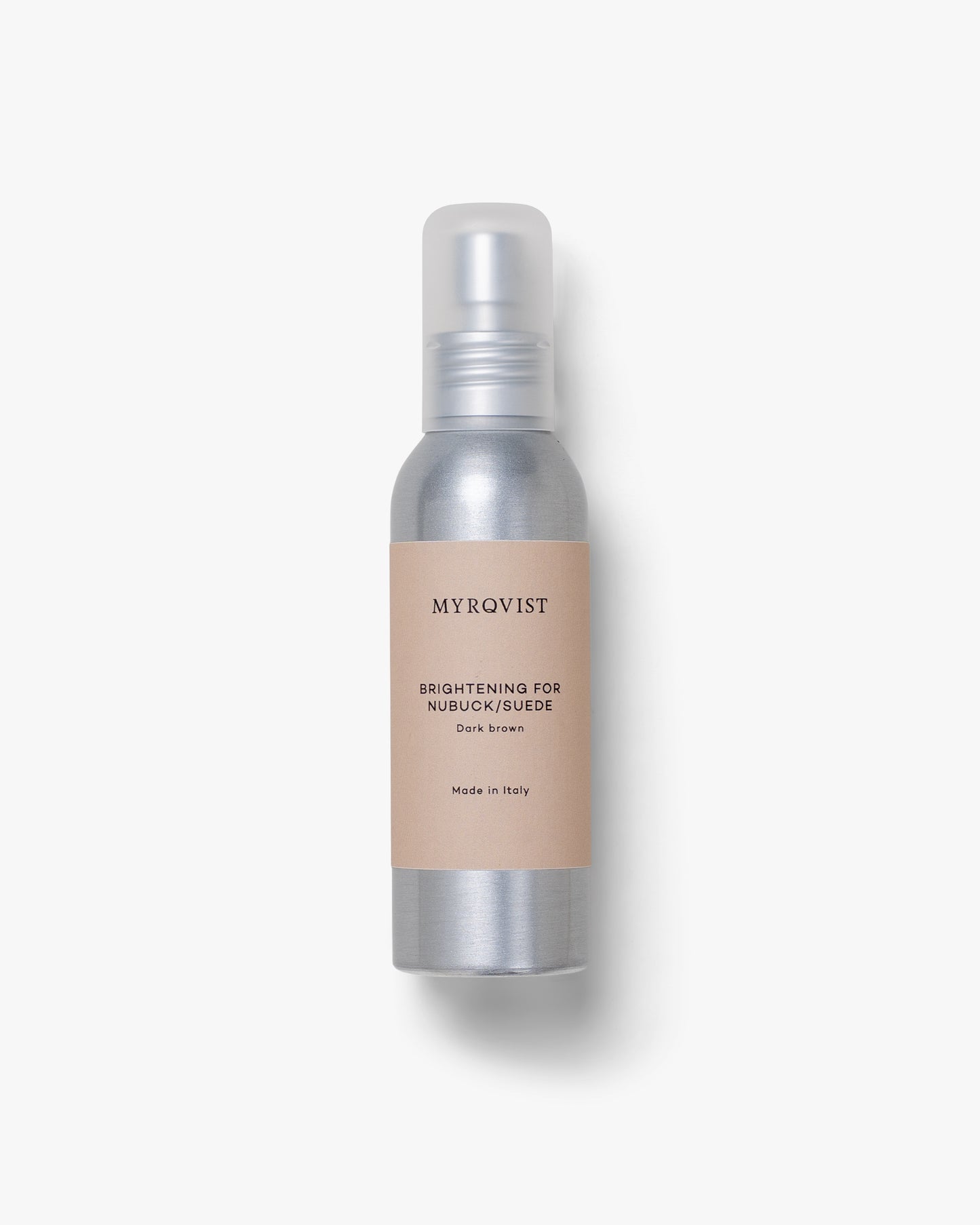 A silver bottle of Myrqvist Renovating Shoe Spray for dark brown suede and nubuck, shot from above on a white background.