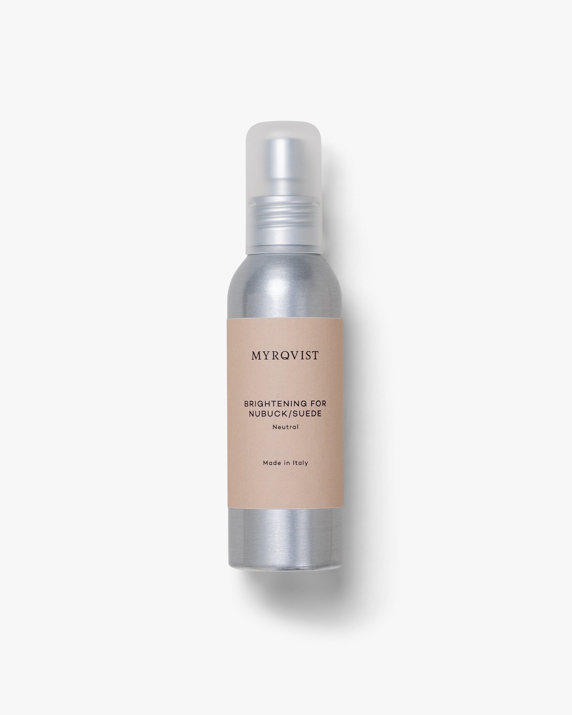 The Neutral variant of Myrqvist Renovating Shoe Spray, in a silver bottle with a beige label, against a white background.