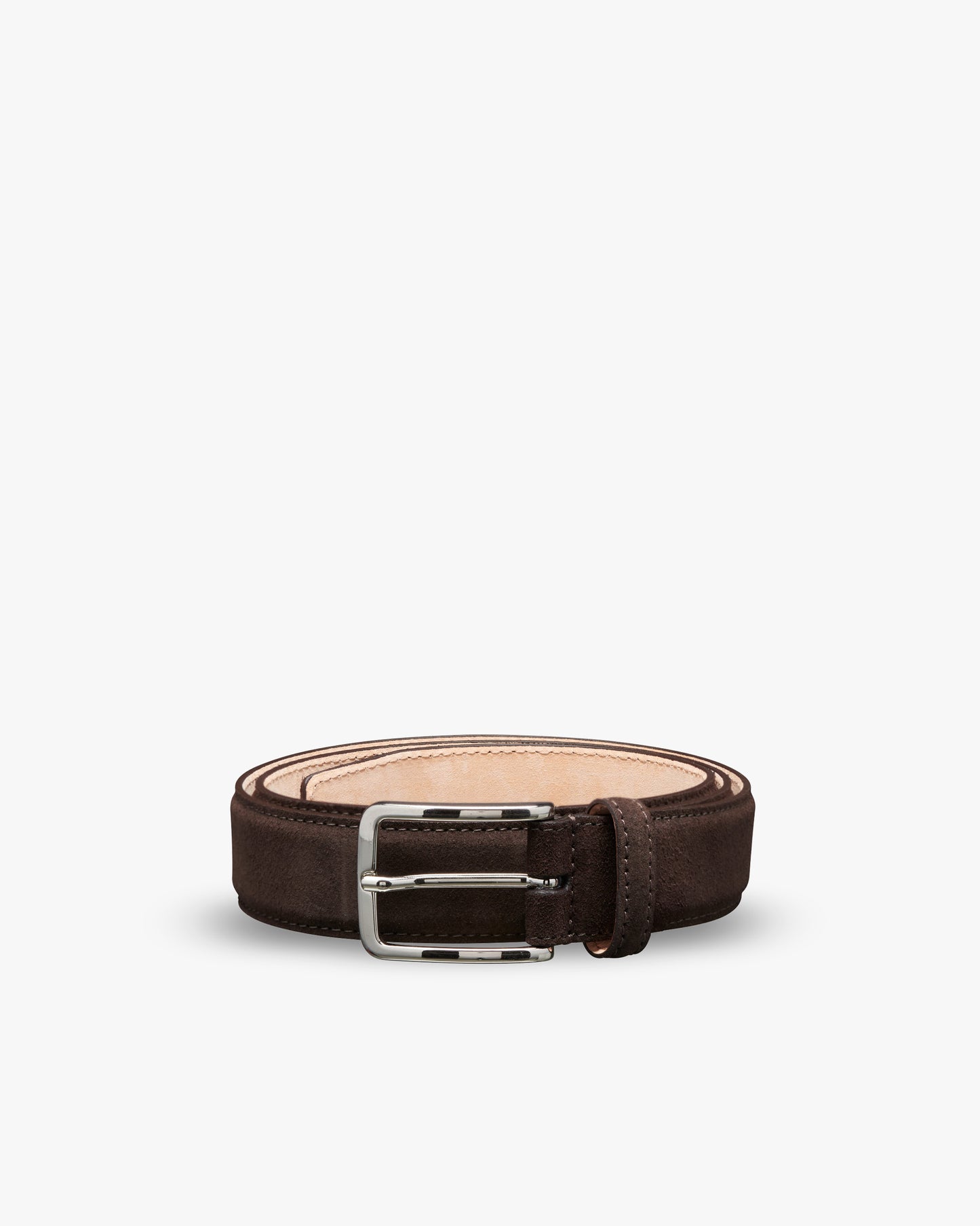 Belt – Dark Brown Suede shown coiled on a white background, highlighting the square silver-colored buckle.