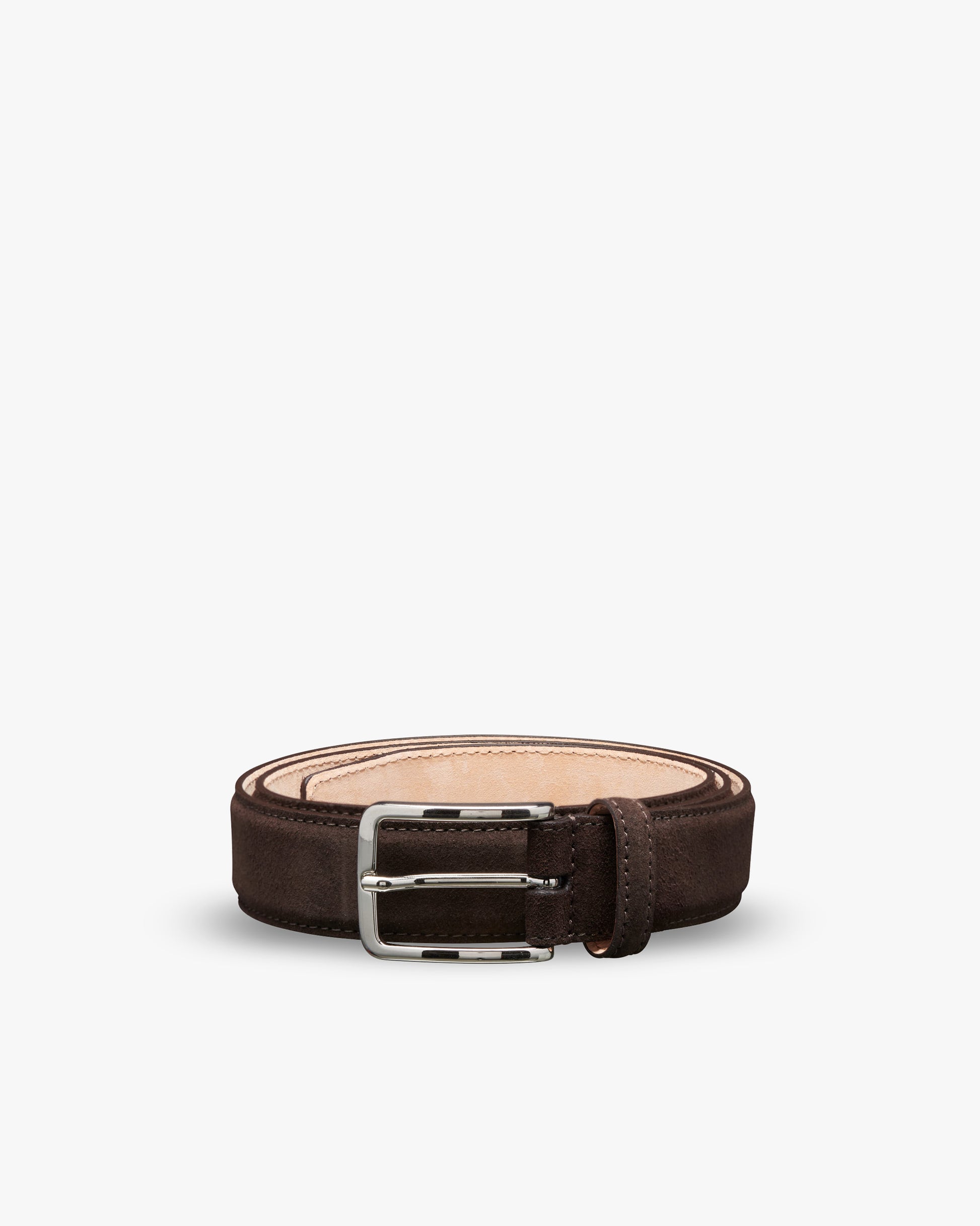 Belt – Dark Brown Suede shown coiled on a white background, highlighting the square silver-colored buckle.