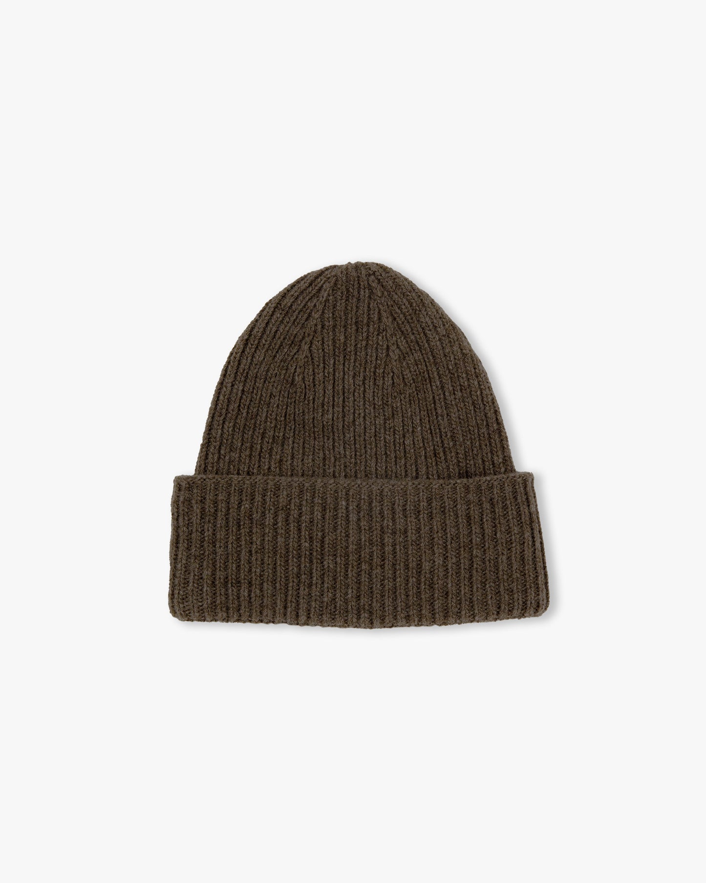 A close-up studio shot of the Hat – Merino/Cashmere – Brown, highlighting its ribbed texture against a white background.
