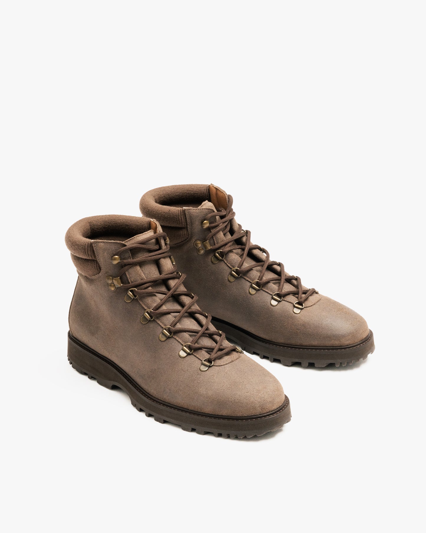 A pair of Duved II – Taupe Waxed Suede hiking boots shown from a three-quarter angle against a white background.