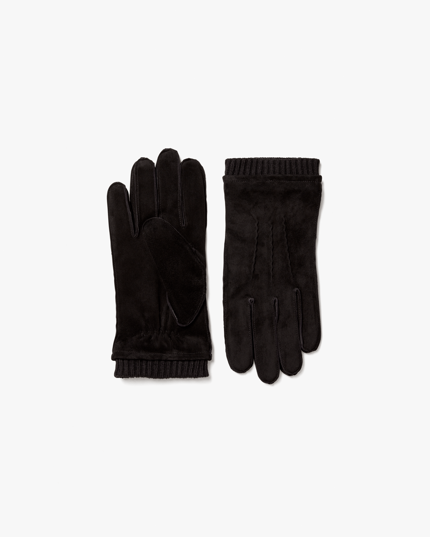 A pair of Gloves – Black Suede laid flat against a white background, one showing the palm and the other showing the back.