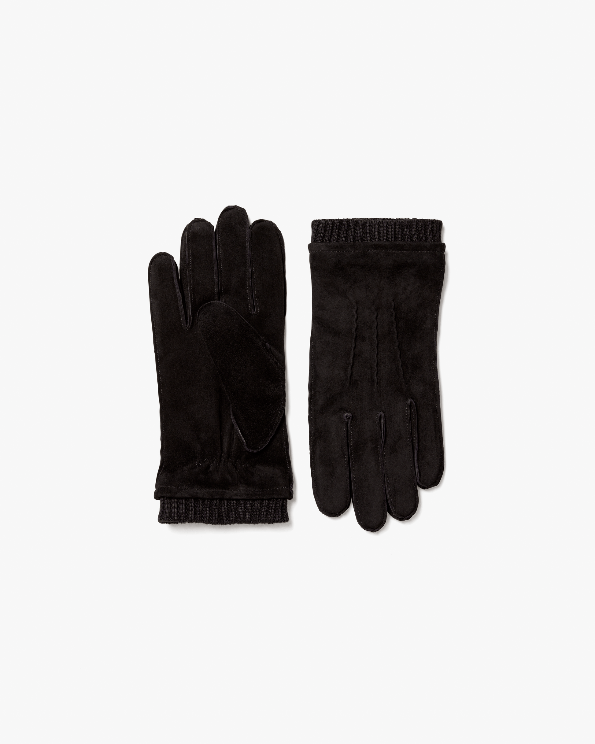 A pair of Gloves – Black Suede laid flat against a white background, one showing the palm and the other showing the back.