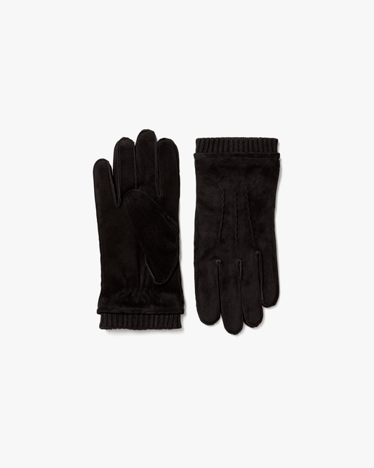 A pair of Gloves – Black Suede laid flat against a white background, one showing the palm and the other showing the back.