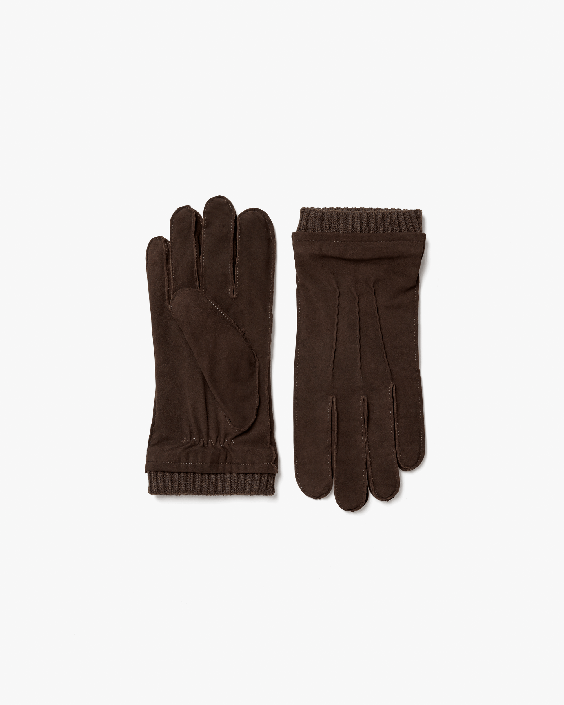 A pair of Gloves – Dark Brown Suede laid flat to show the front and back against a white background.
