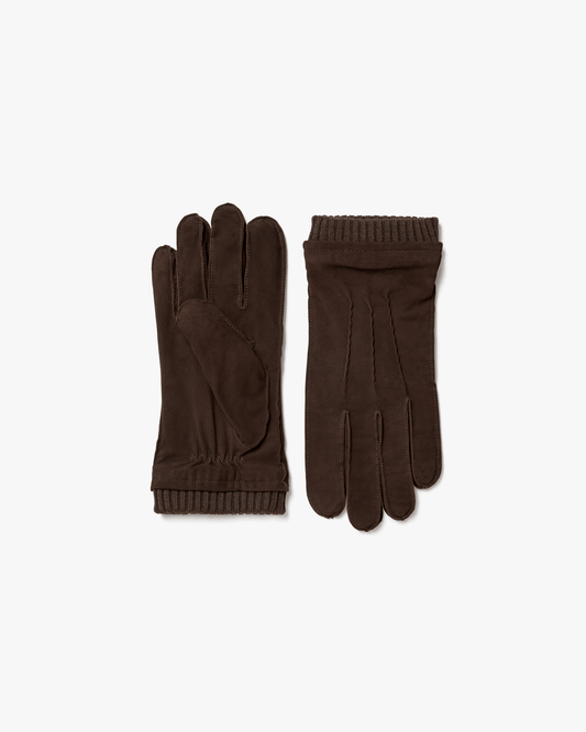 A pair of Gloves – Dark Brown Suede laid flat to show the front and back against a white background.