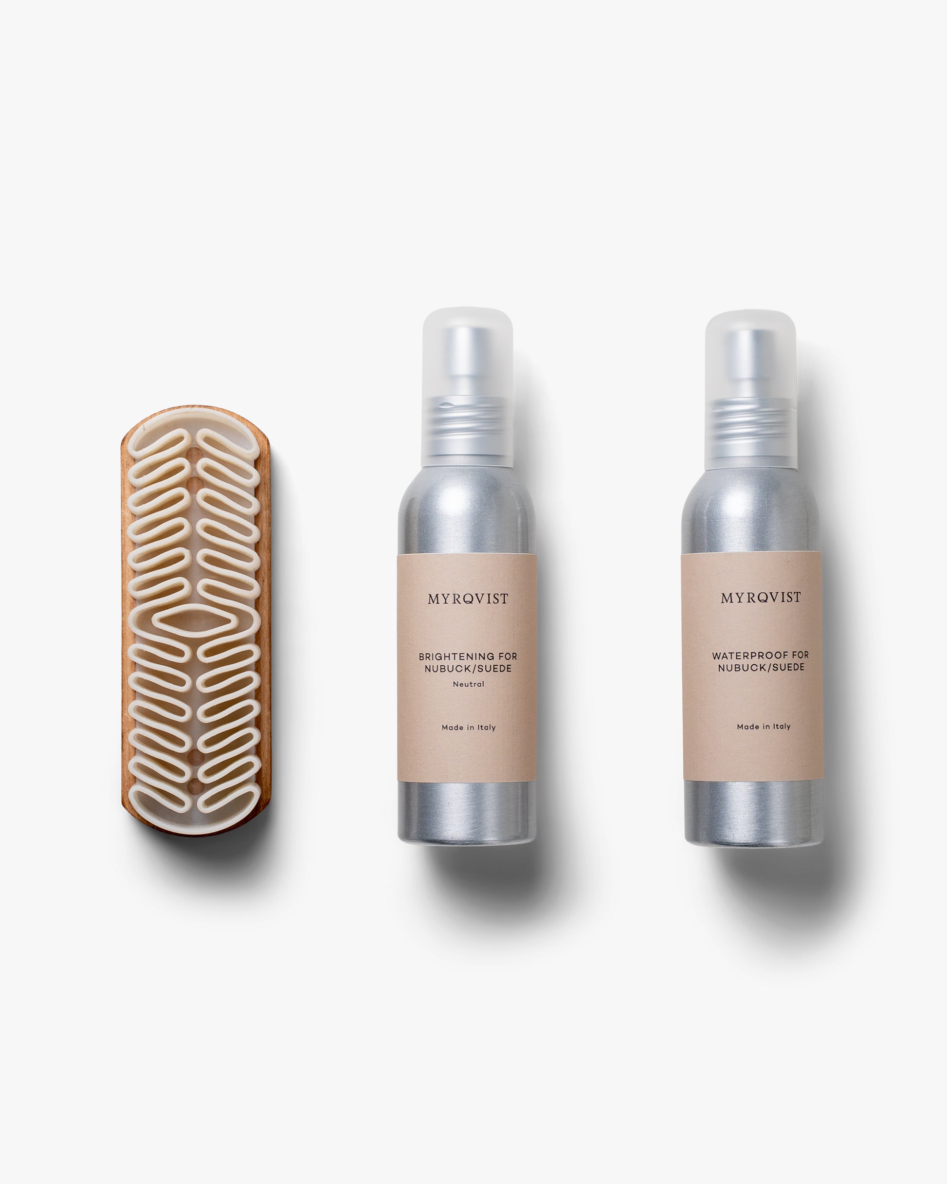 Myrqvist's Shoe Care Kit – Suede with a crepe brush, waterproofing spray, and renovating spray on a white background.