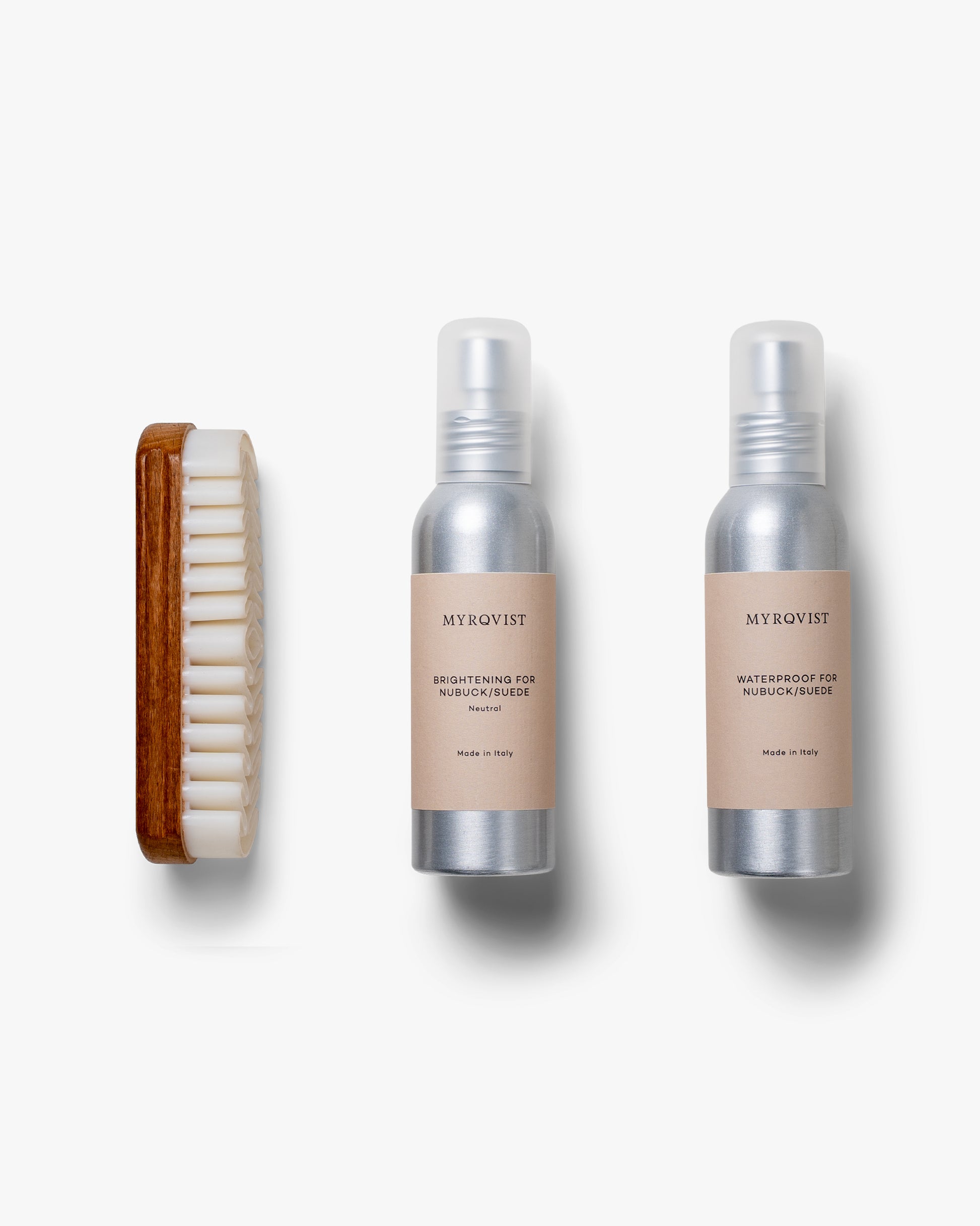 Myrqvist Shoe Care Kit – Suede, including a crepe brush, waterproofing spray, and renovating spray, on a white background.