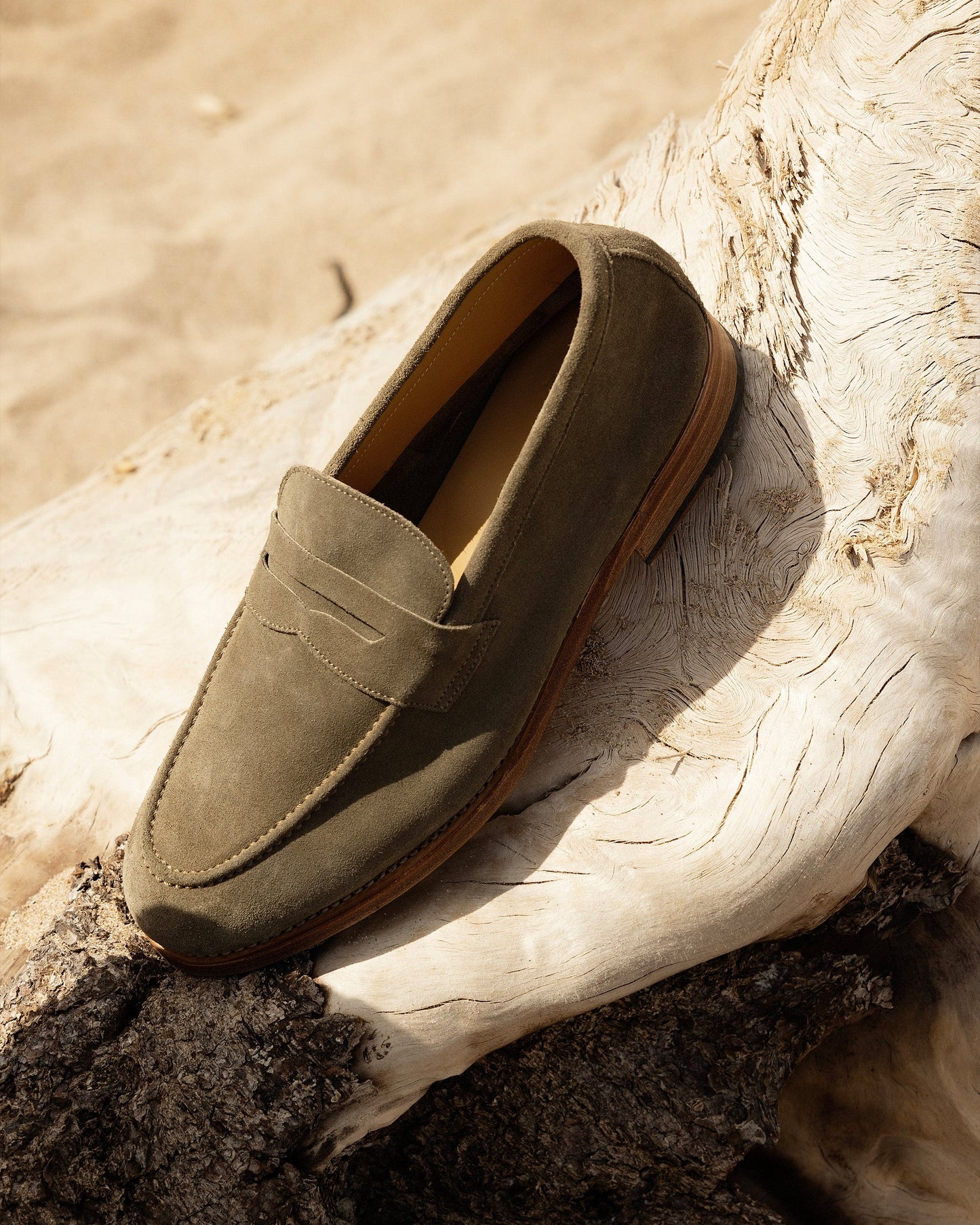 A Lysekil II loafer in green suede resting on a piece of weathered driftwood in bright sunlight.