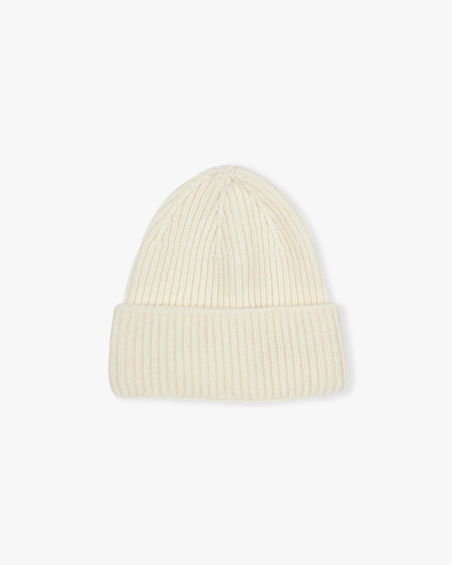 A ribbed hat in cream, made from a blend of merino wool and cashmere, pictured against a white background.