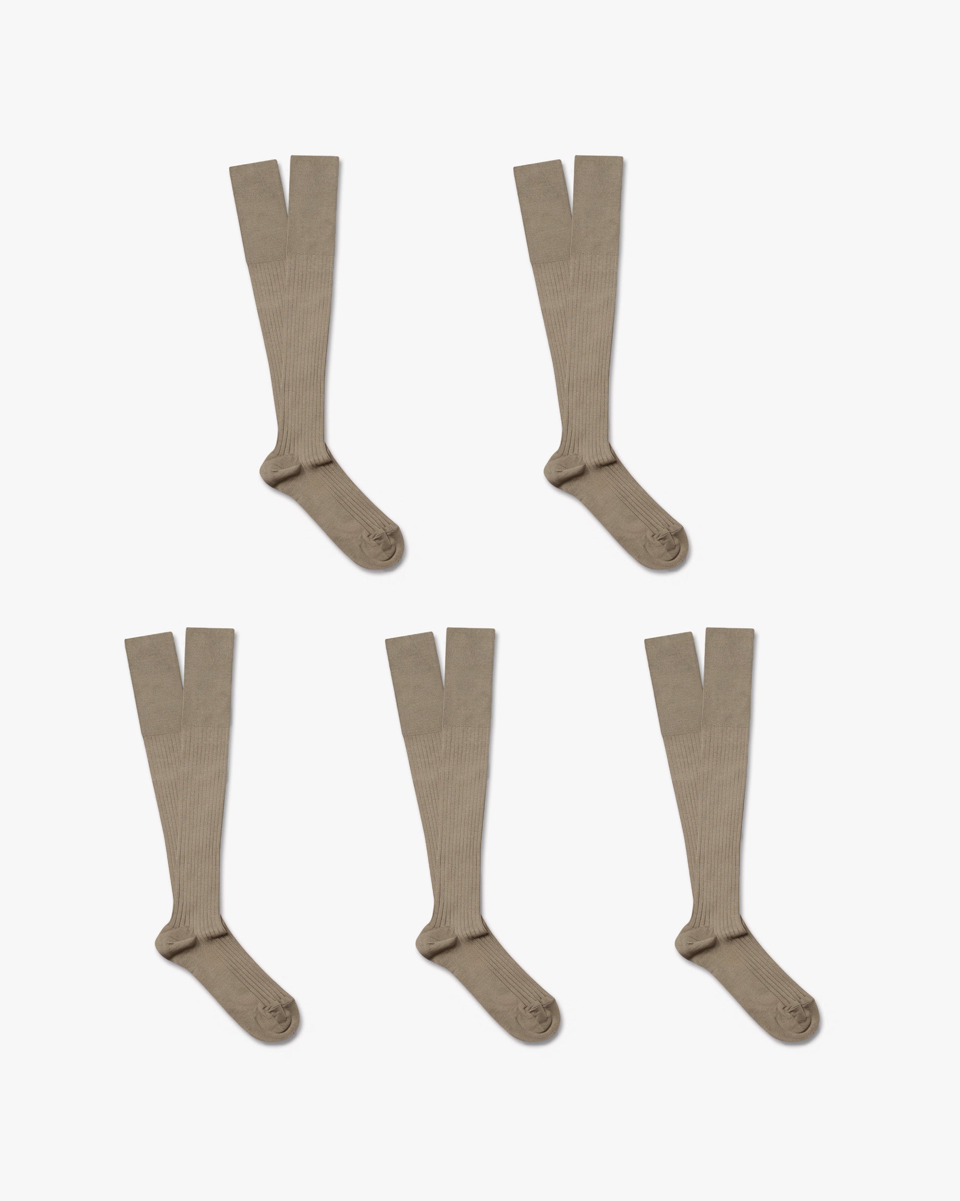 Five pairs of Nils – Knee-High Cotton Socks in sage beige, laid out against a white background.
