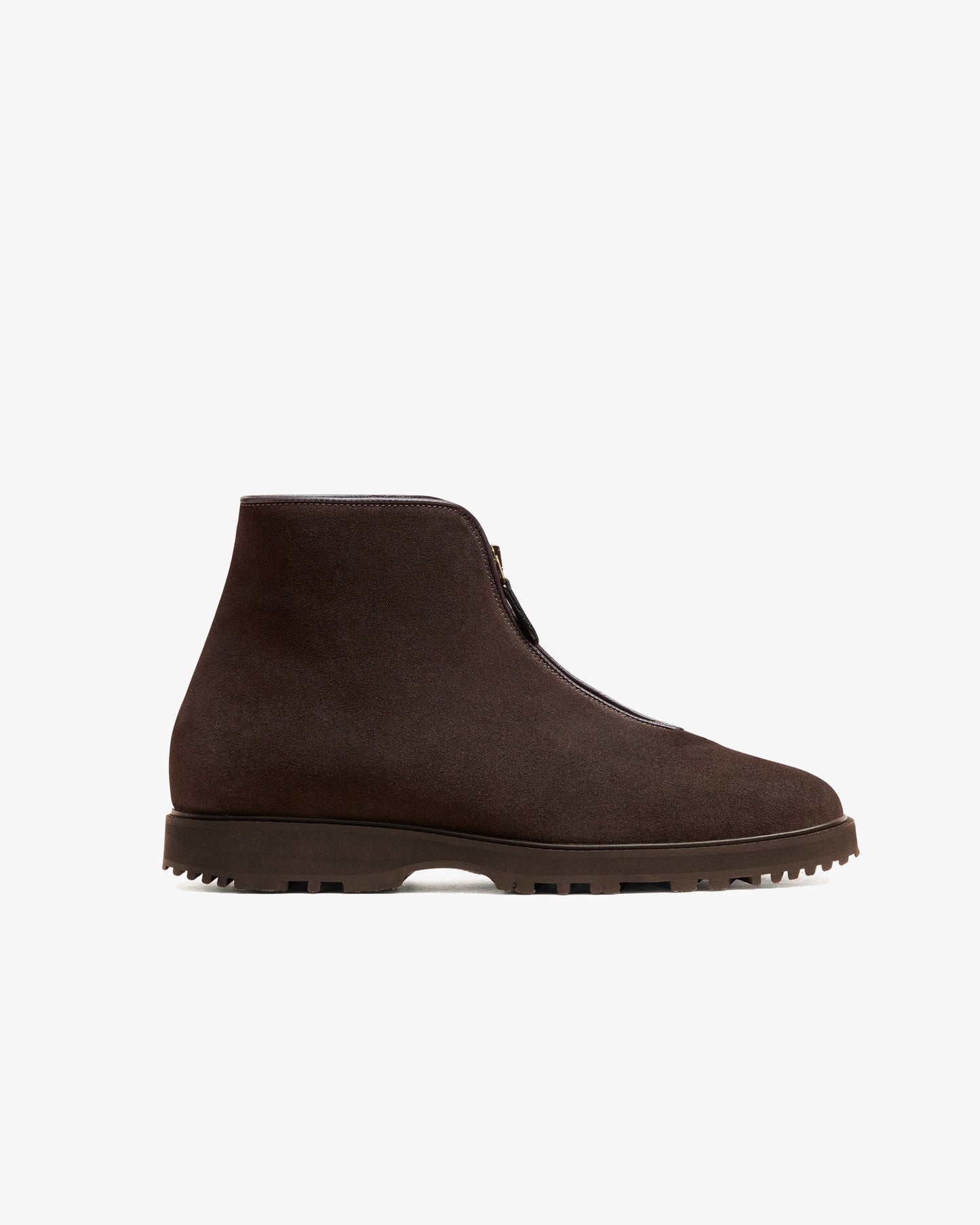 Side profile of Funäs – Dark Brown Suede, showcasing the water repellent suede upper, front zipper, and Explorer sole.