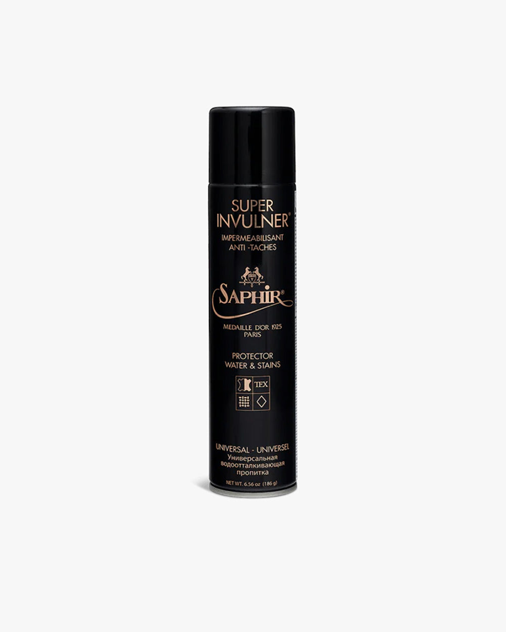 A can of Saphir – Super Invulner – Nubuck & Suede Spray shown against a light grey background.