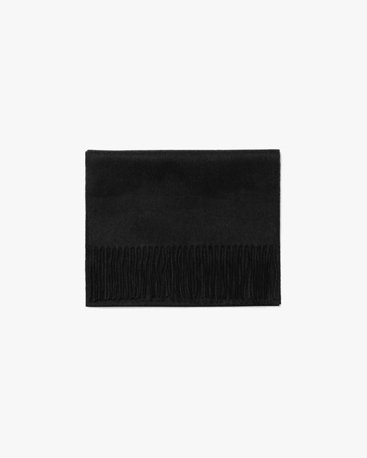 Studio shot of the Wool Scarf – Black, folded neatly to showcase its texture and fringed hem.
