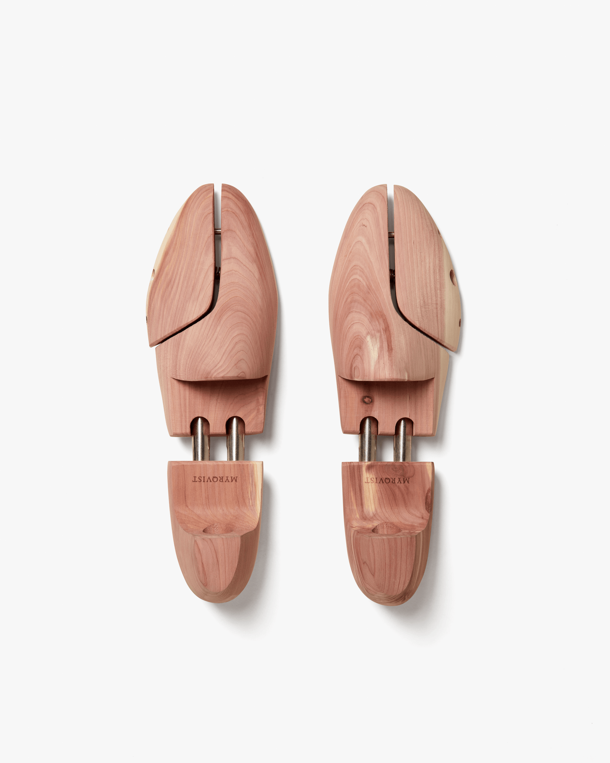 A pair of Shoe Tree – Cedar Wood – Myrqvist, shot from above to show the natural grain of the cedar wood.