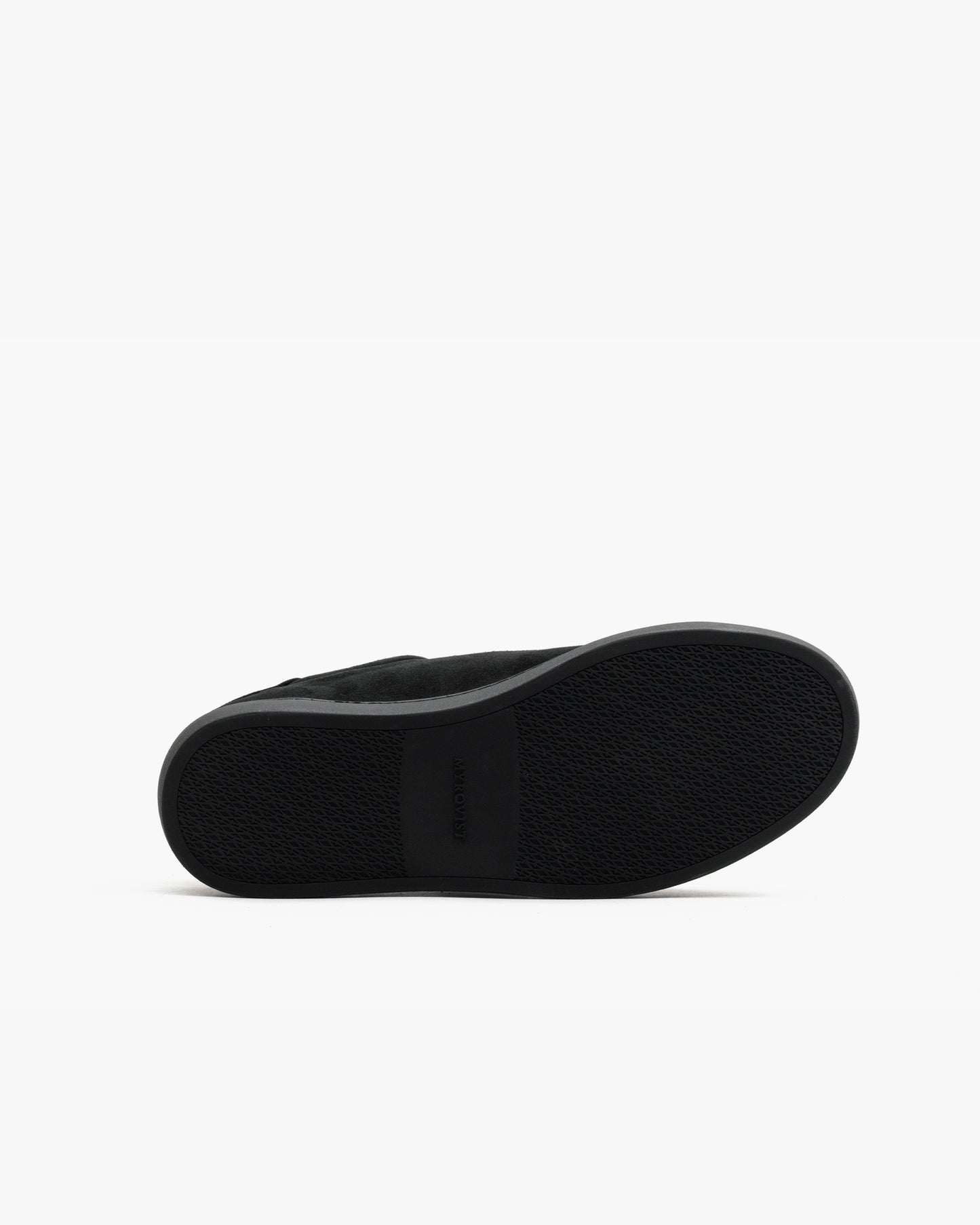Oaxen Monochrome in black suede shown from below, highlighting the textured M-pattern sole designed for traction and comfort.