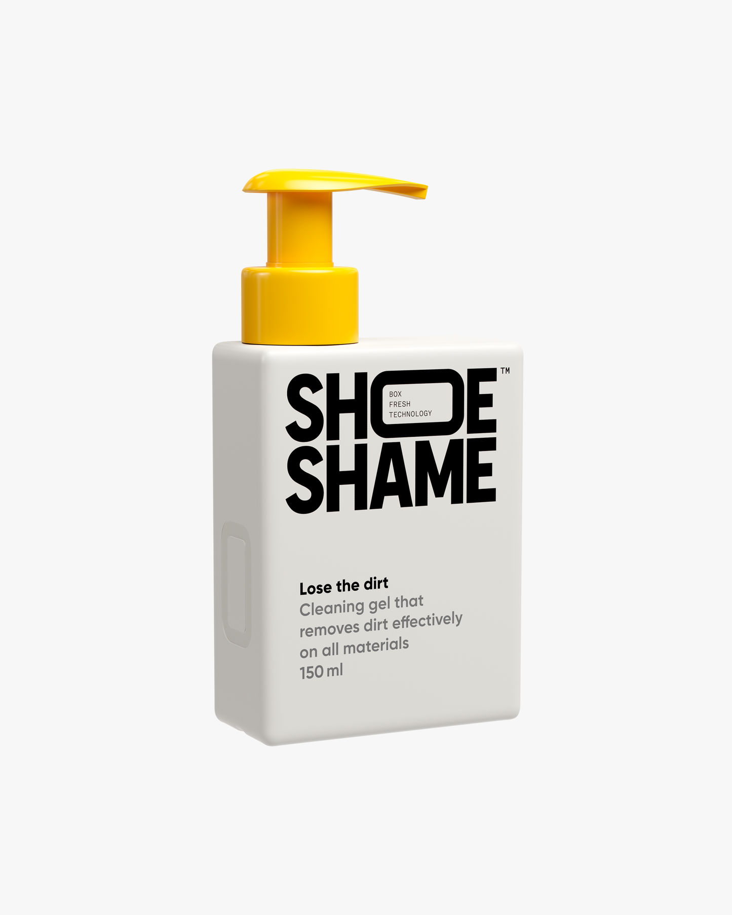 Product image of Shoe Shame – Cleaner, a 150ml cleaning gel in a white bottle with a yellow pump.