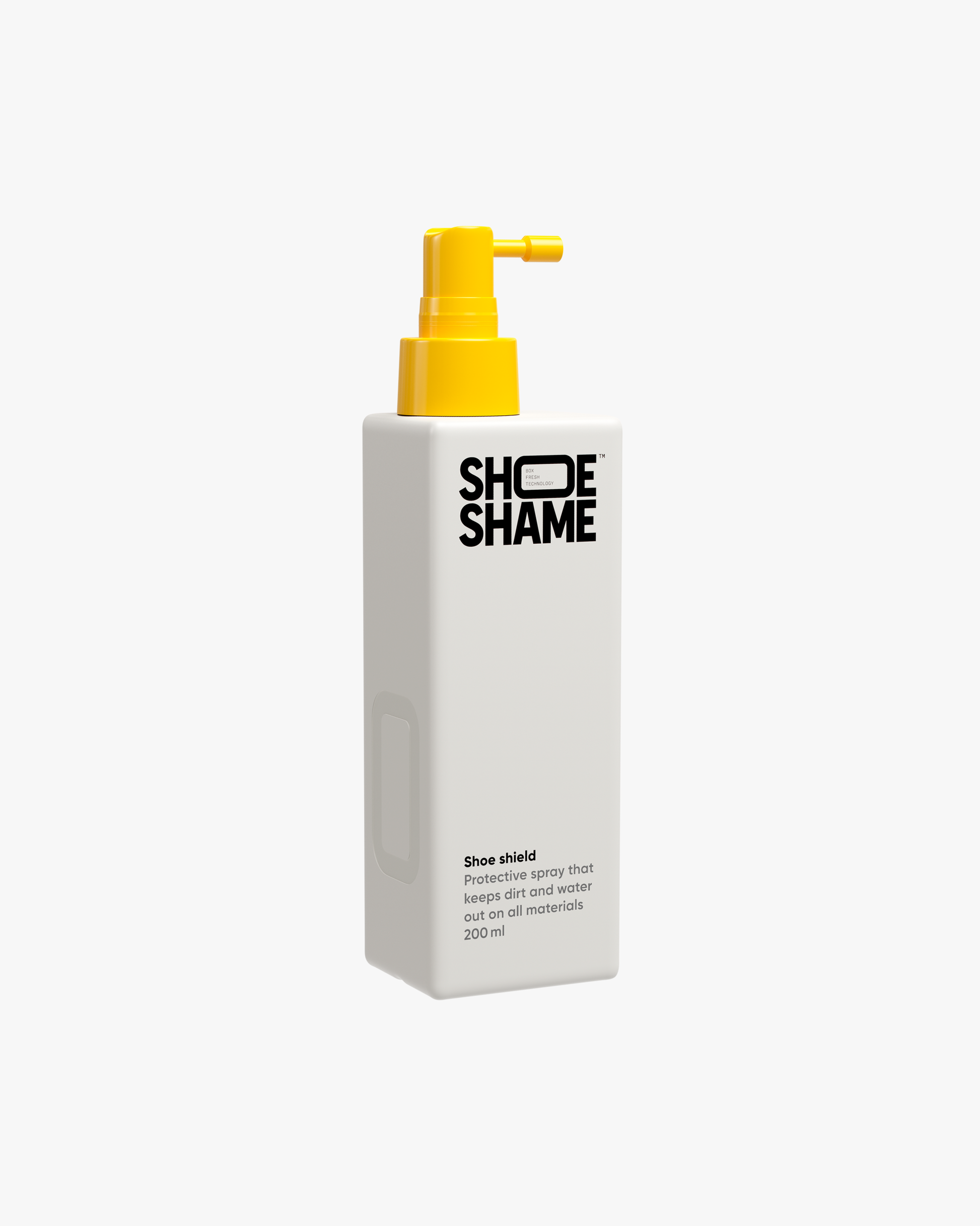 A white 200 ml bottle of Shoe Shame – Shoe Shield protective spray with a yellow pump nozzle against a plain background.