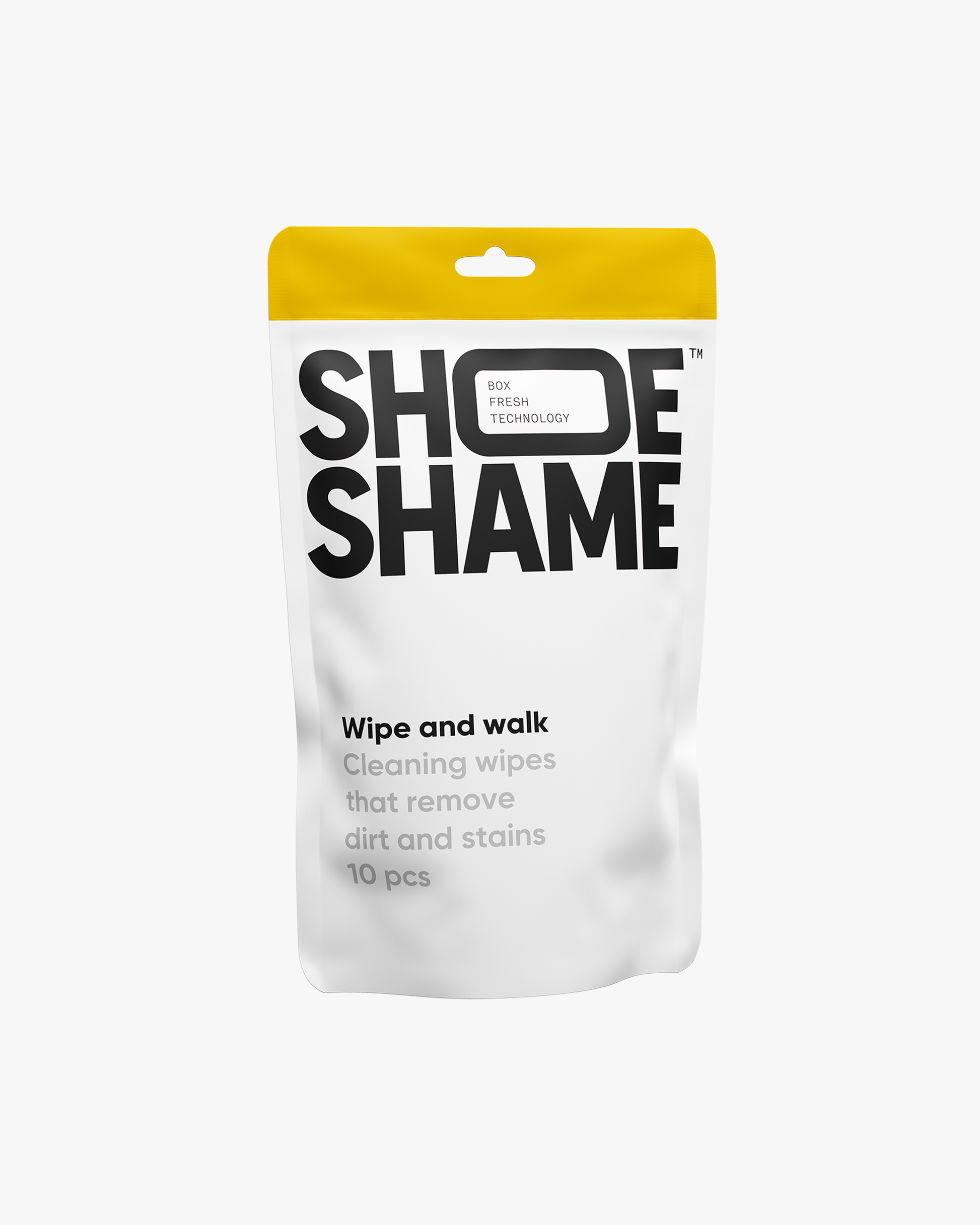 The white and yellow packaging for Shoe Shame – Wipes, a pack of 10 cleaning wipes for shoes.