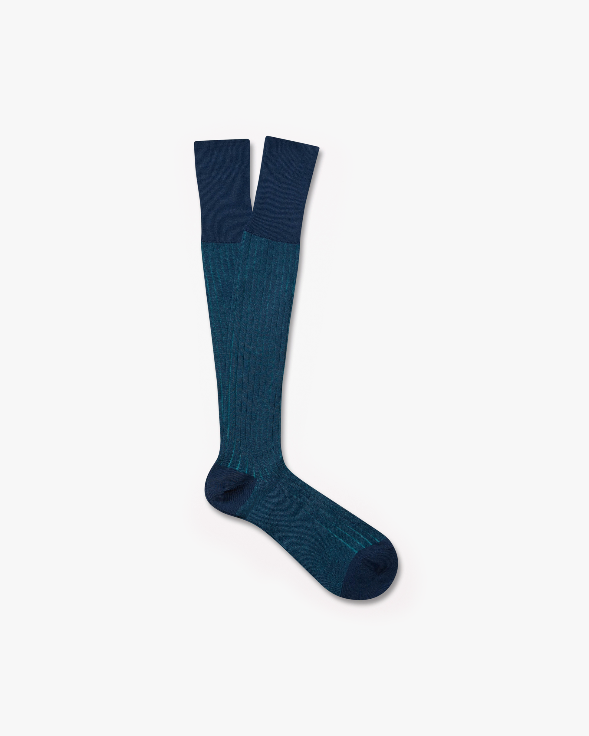 A pair of blue Erik – Knee-High Cotton Socks laid flat, detailing the ribbed texture and over-the-calf design.