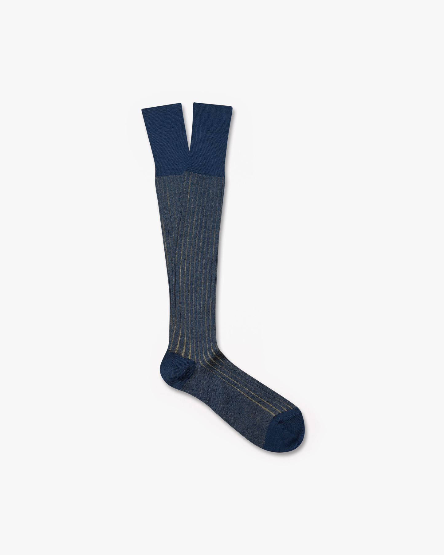A pair of Erik – Knee-High Cotton Socks – Yellow, featuring a navy and yellow ribbed pattern, laid flat.