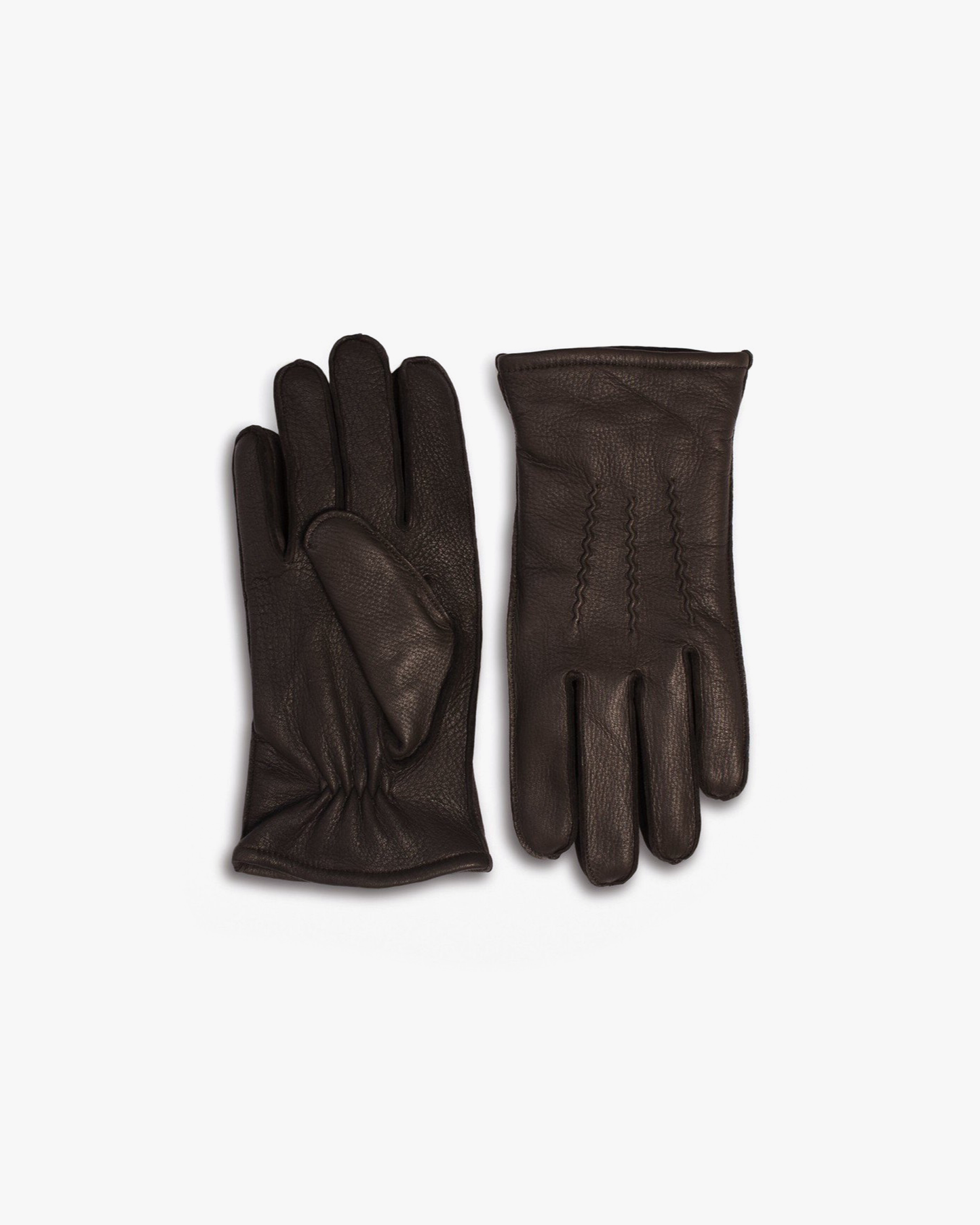 A pair of Gloves – Dark Brown Deer Leather laid flat against a white background, displaying both the palm and the back.