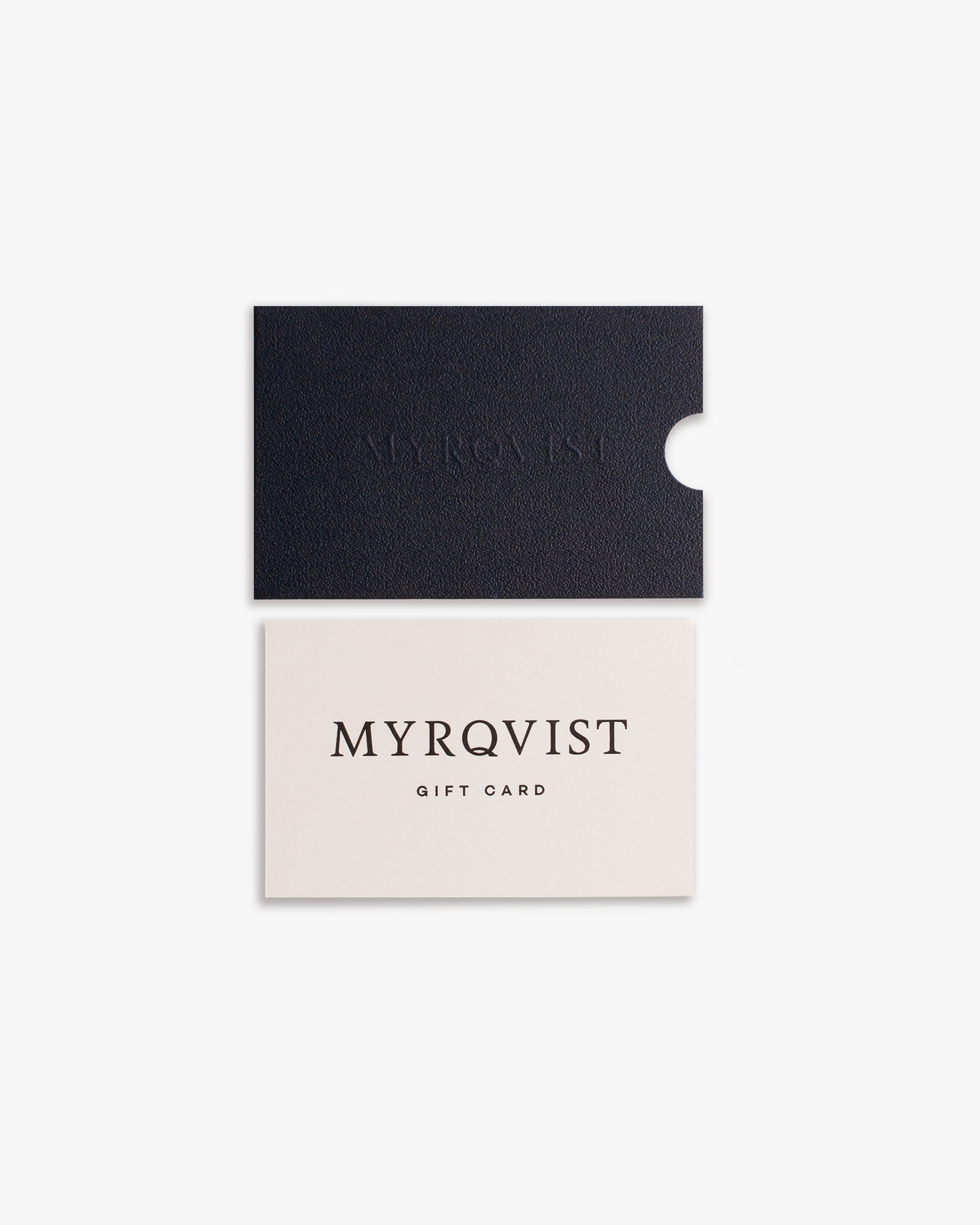 Myrqvist digital gift card displayed with its textured, dark navy sleeve against a white background.