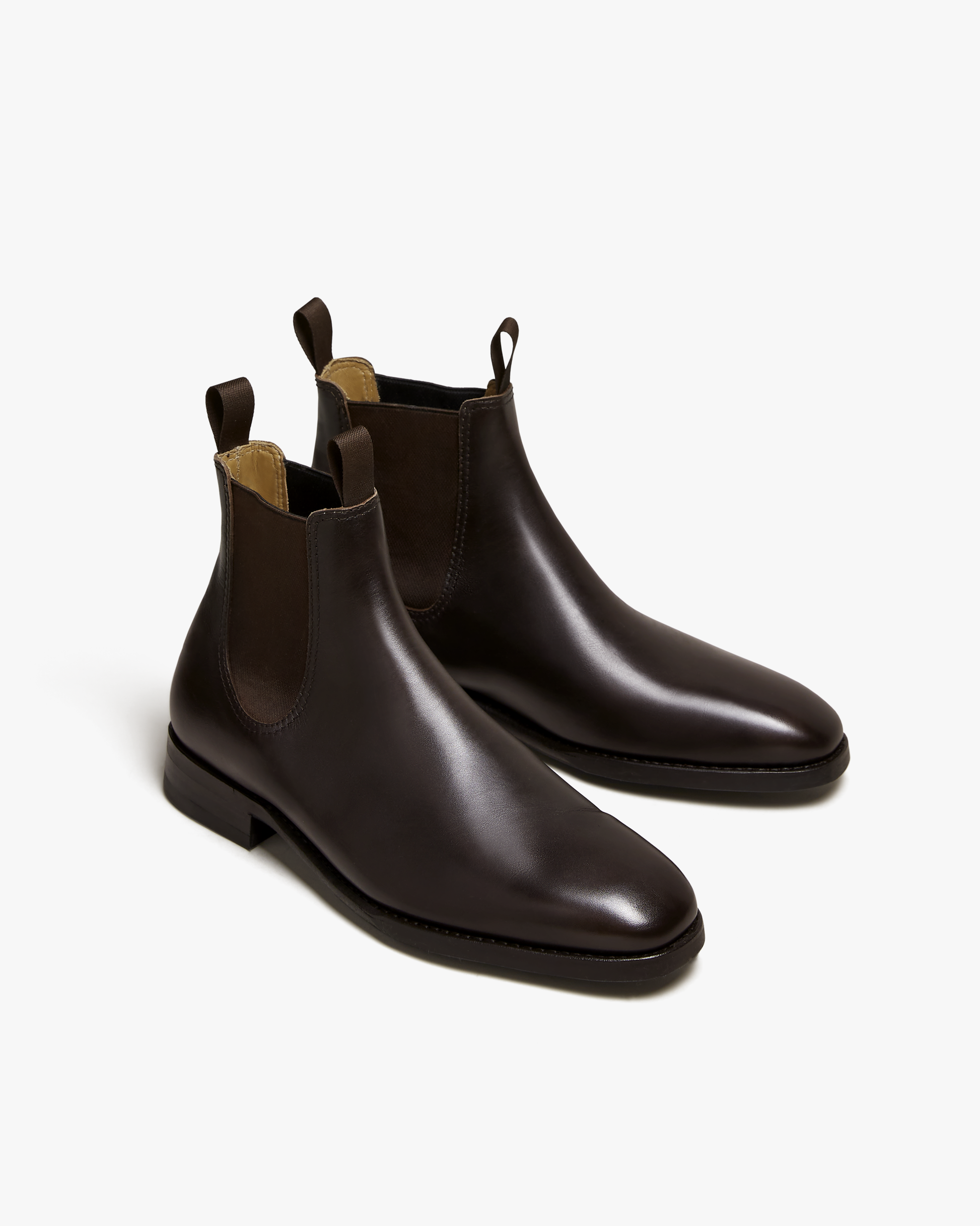 A pair of Granhult – Dark Brown Calf Chelsea boots shown from a three-quarter angle against a white background.