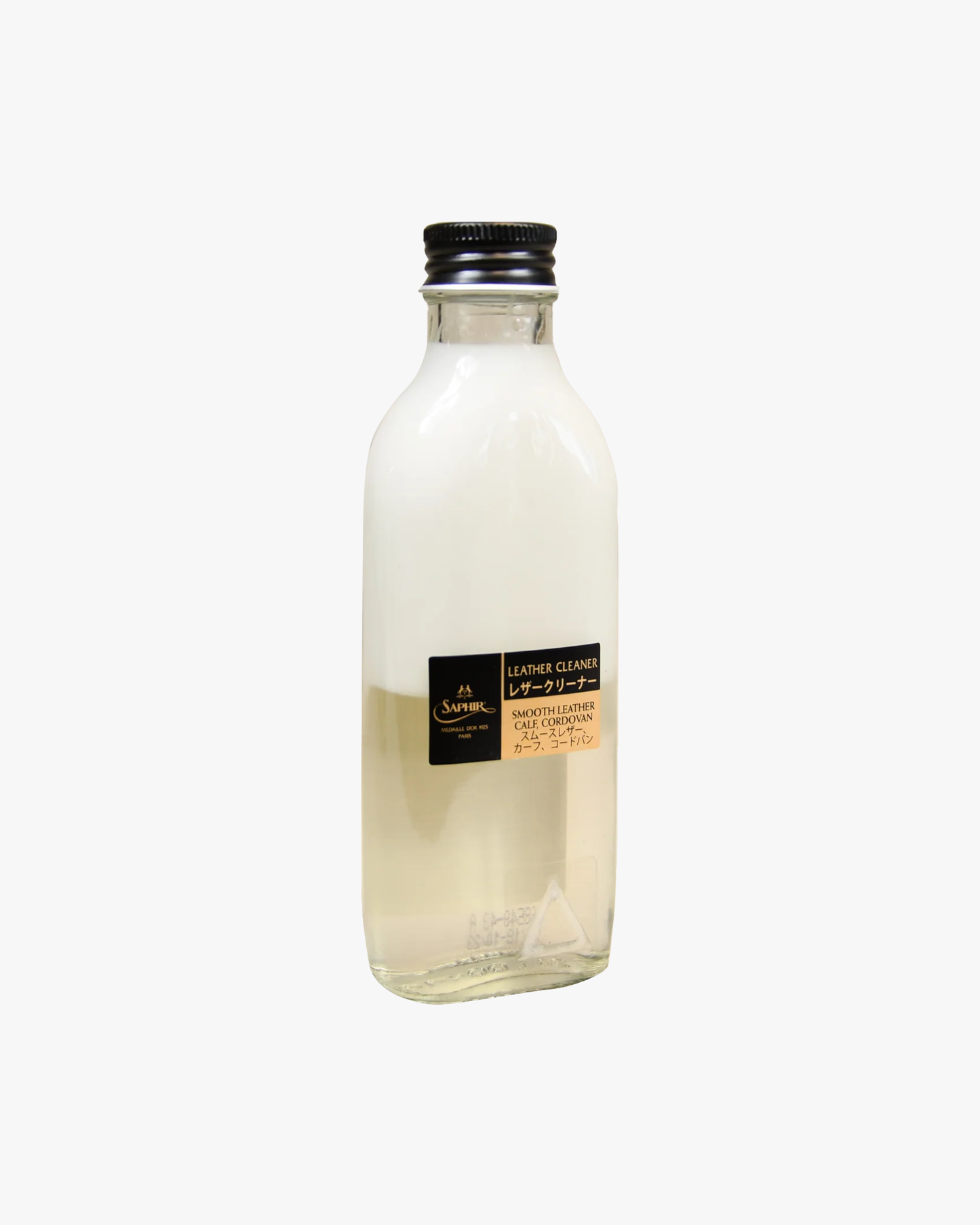 A glass bottle of Saphir – Leather Cleaner shoe care product, shot against a plain white background.
