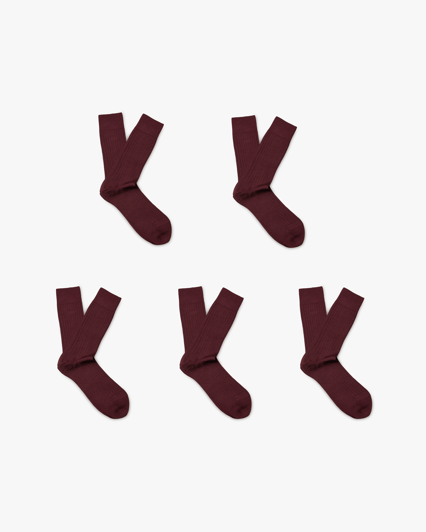 The Ludvig – Merino Wool Socks 5-pack in burgundy, with five pairs arranged against a plain white background.