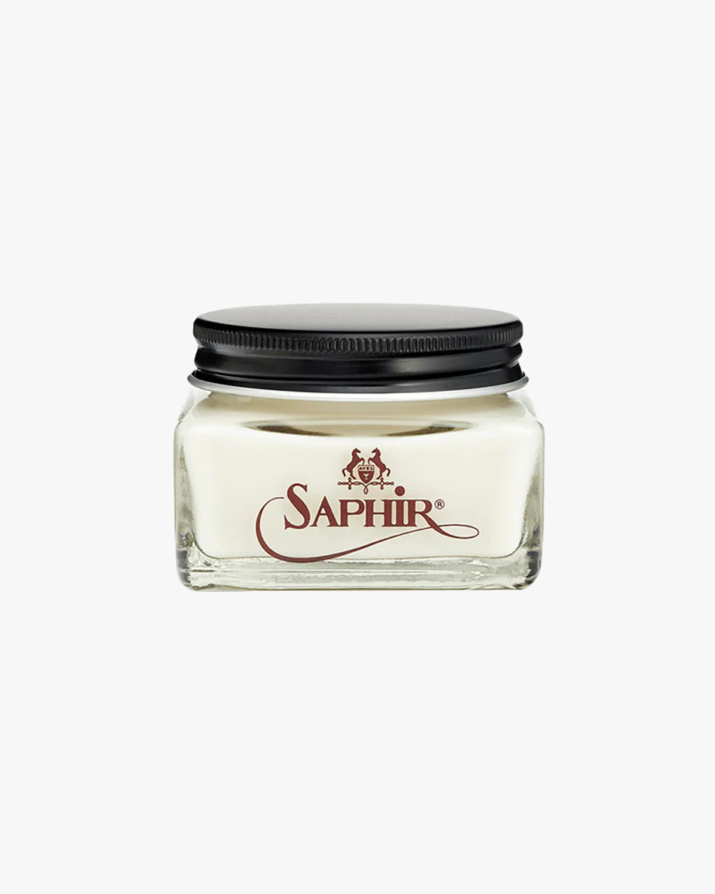 A glass jar of Saphir – Créme Renovateur, a neutral leather conditioning cream, shown against a white background.