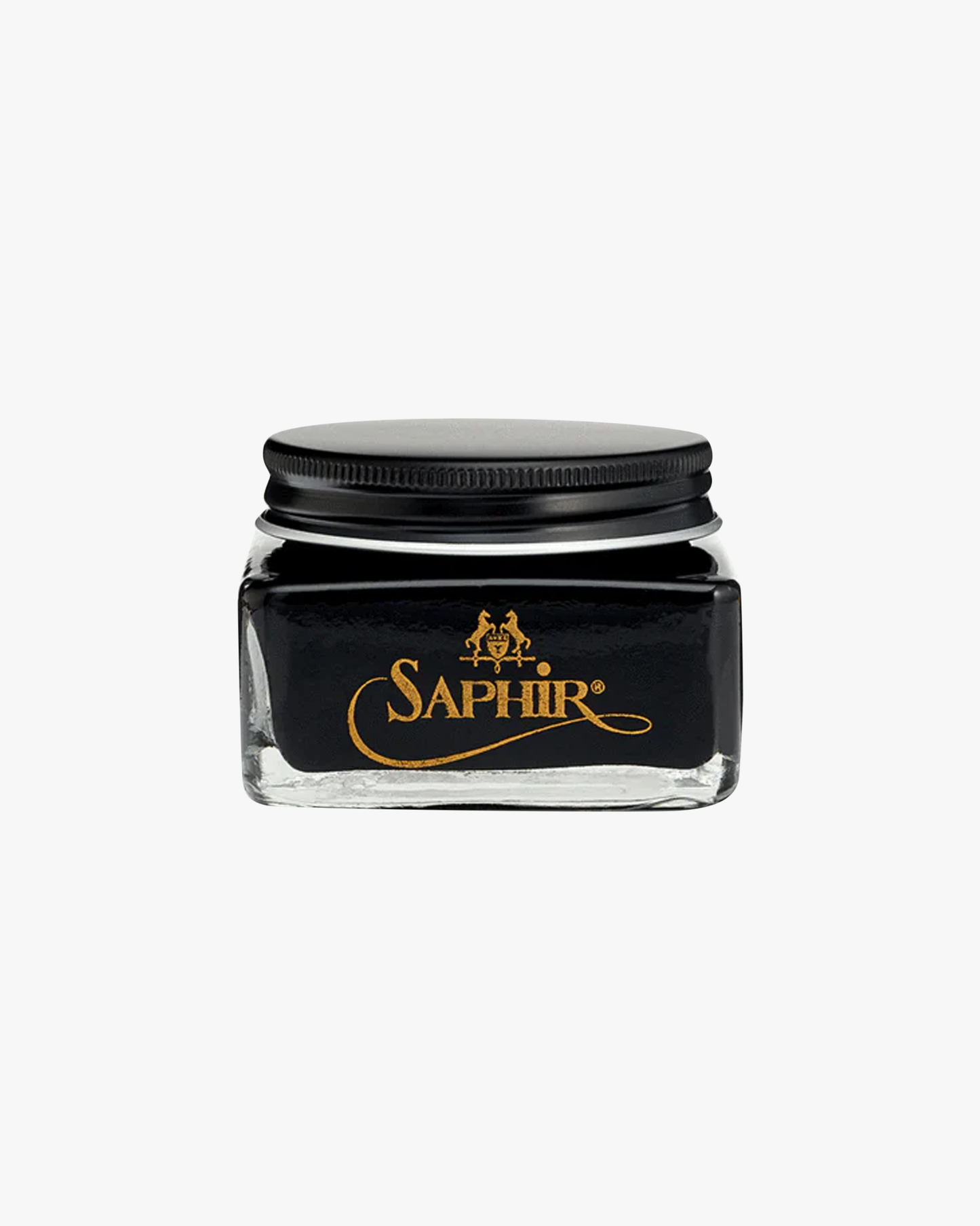 A glass jar of Saphir – Créme Pommadier black shoe cream, shown against a white background.