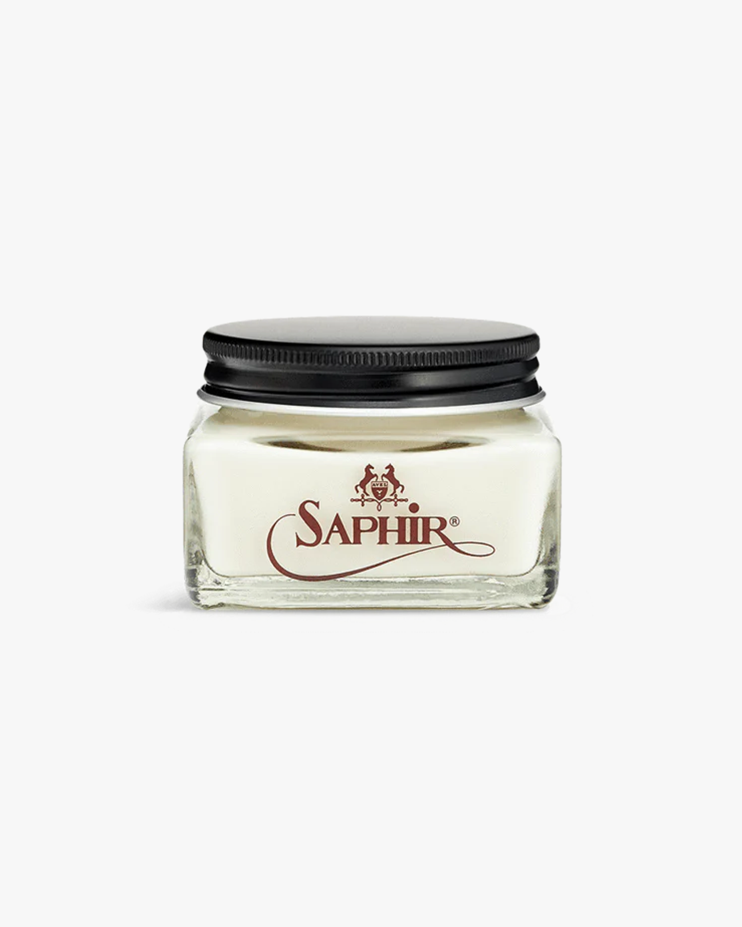 A small glass jar of Saphir – Nappa Leather Balm against a white background.