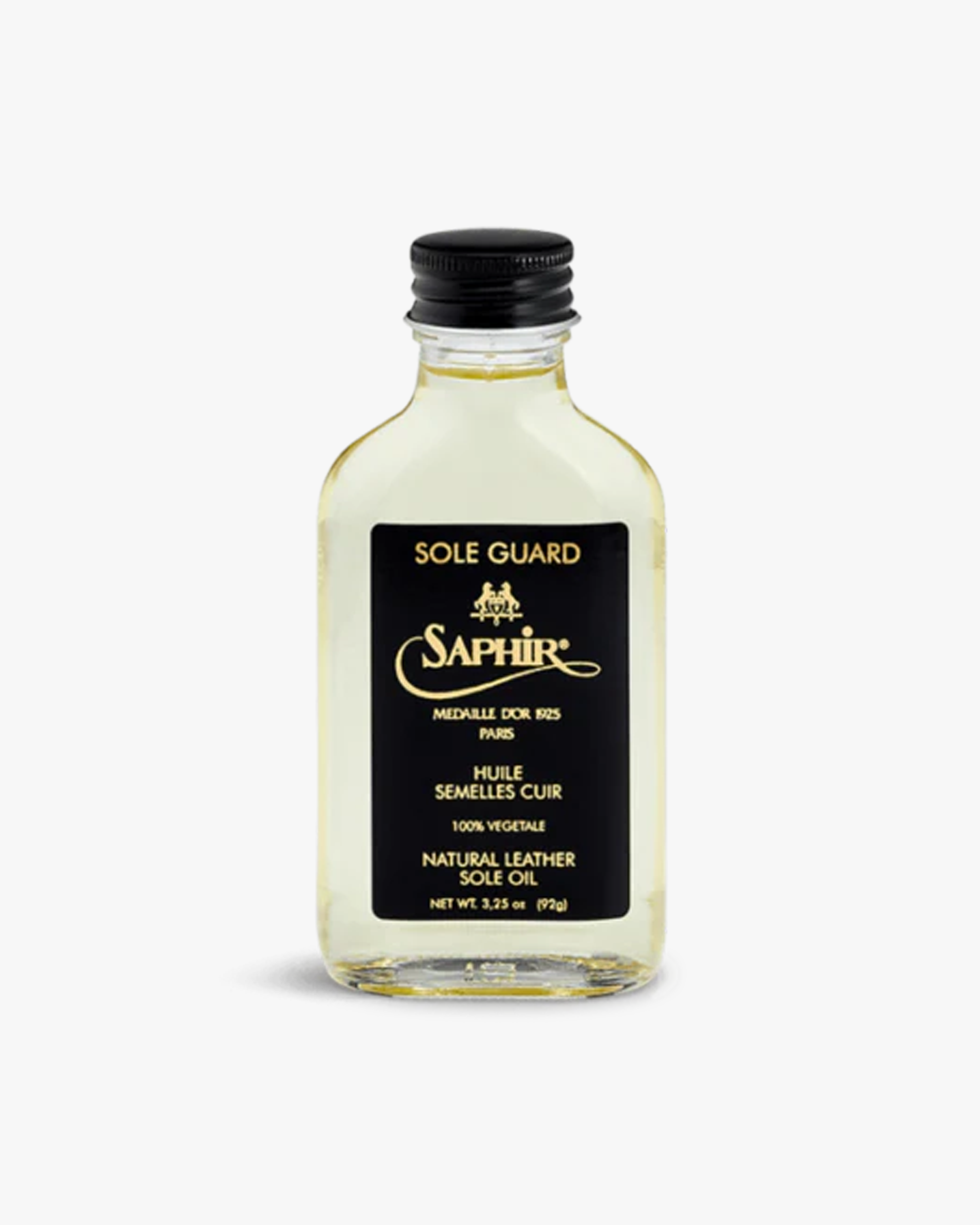 A glass bottle of Saphir – Sole Guard against a white background.