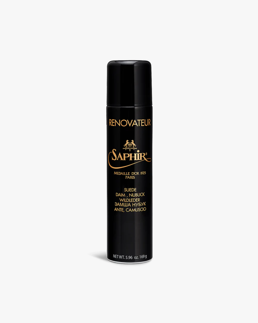 A black can of Saphir Renovateur – Nubuck & Suede Spray on a white background.