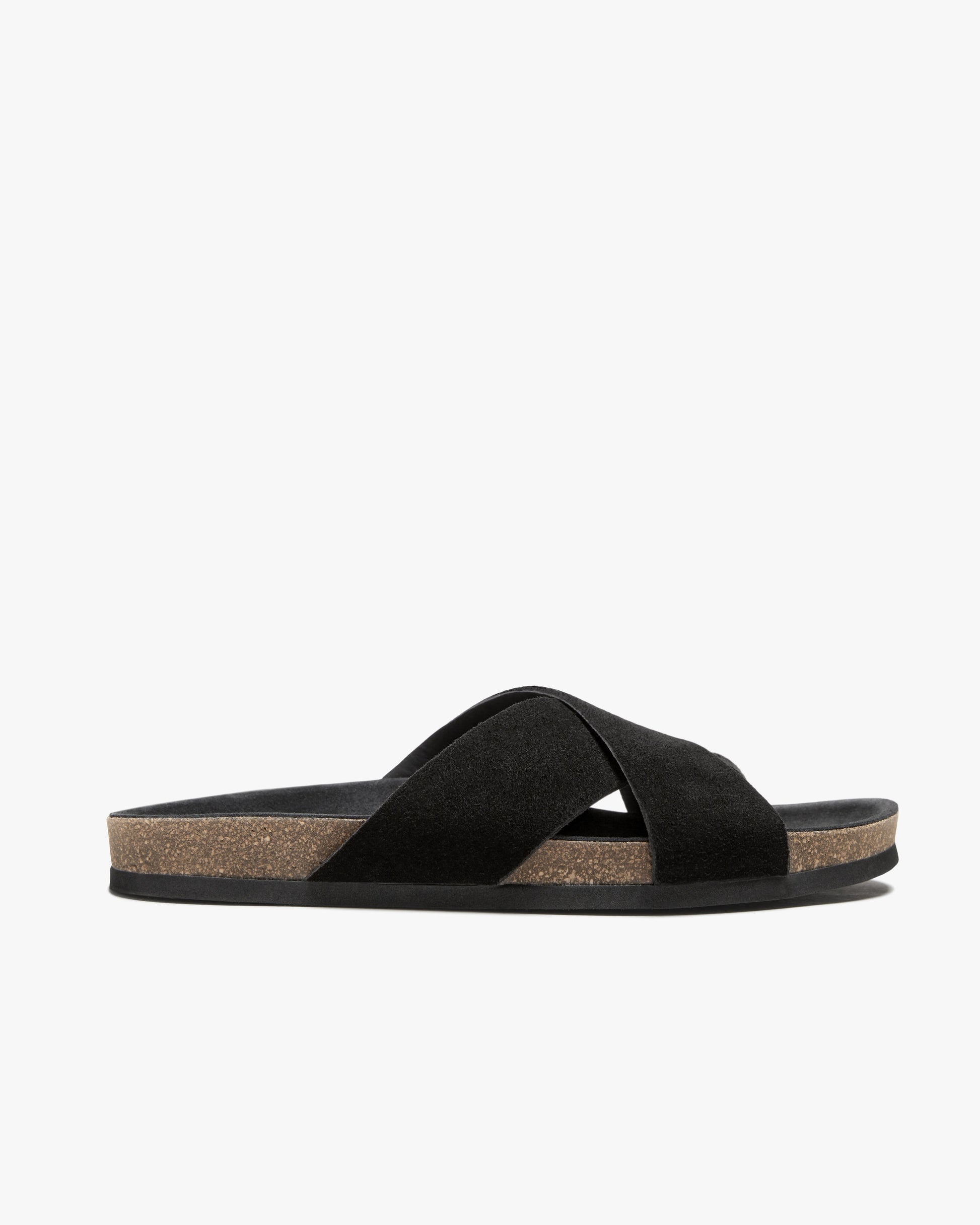A side profile of the Solvik – Black Suede sandal, highlighting its criss-cross suede straps and moldable cork footbed.
