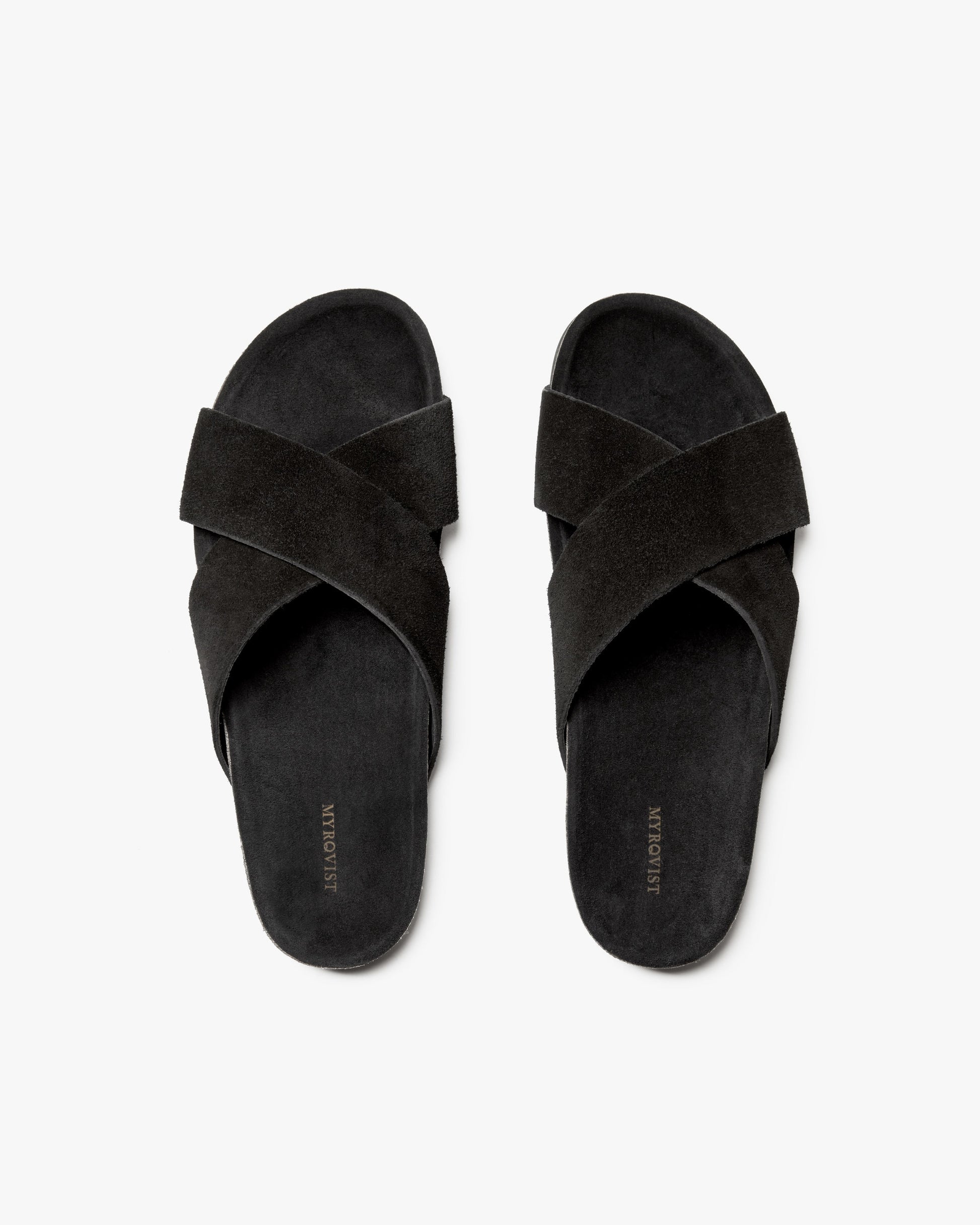 A pair of Solvik – Black Suede sandals with crossover straps, viewed from above against a white background.
