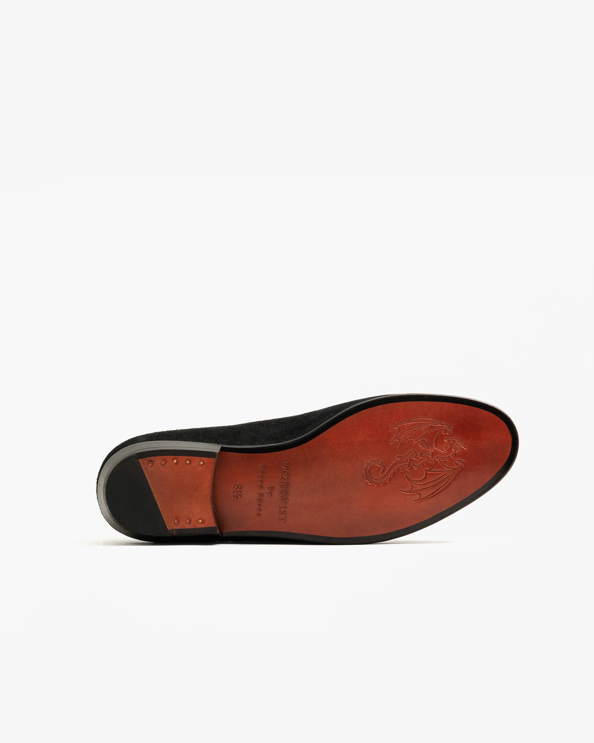 Underside view of Ängby – Fares Edition, showcasing the unique dragon engraving on its leather sole.