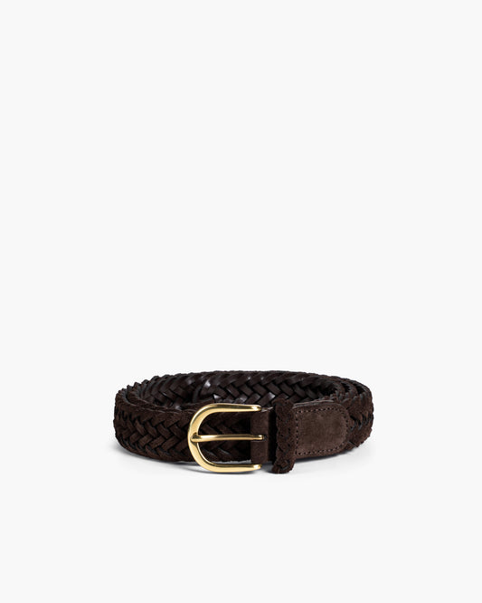 A coiled Belt – Braided Dark Brown Suede with a gold buckle, shot against a plain white background.